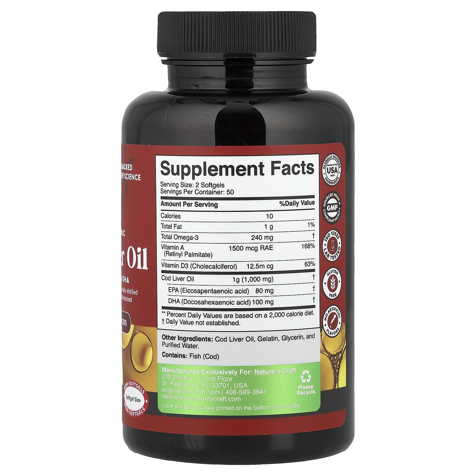 Nature's Craft Wild Icelandic Cod Liver Oil With Vitamins A & D3 – 100 capsules molles — photo 2 sur 2