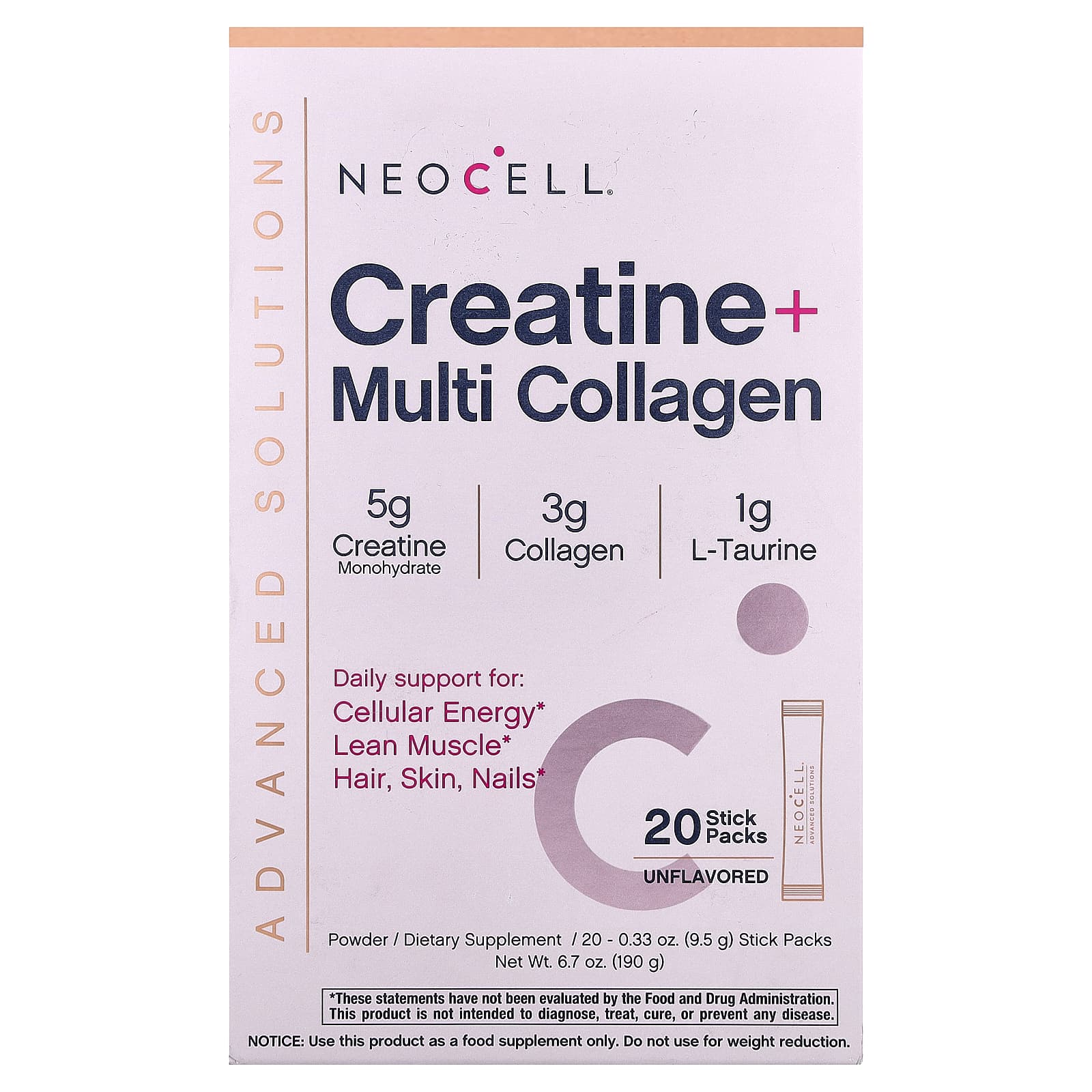NeoCell Advanced Solutions, Creatine + Multi Collagen – Sans arôme – 9,5 g — Tunisie