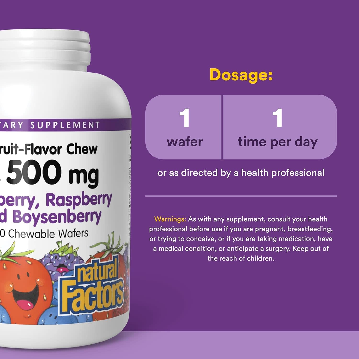 Natural Factors Fruit-Flavor Chew Vitamin C, Blueberry, Raspberry and Boysenberry – Fruit-Flavor Chew Vitamin C – 500 mg — étiquette 2