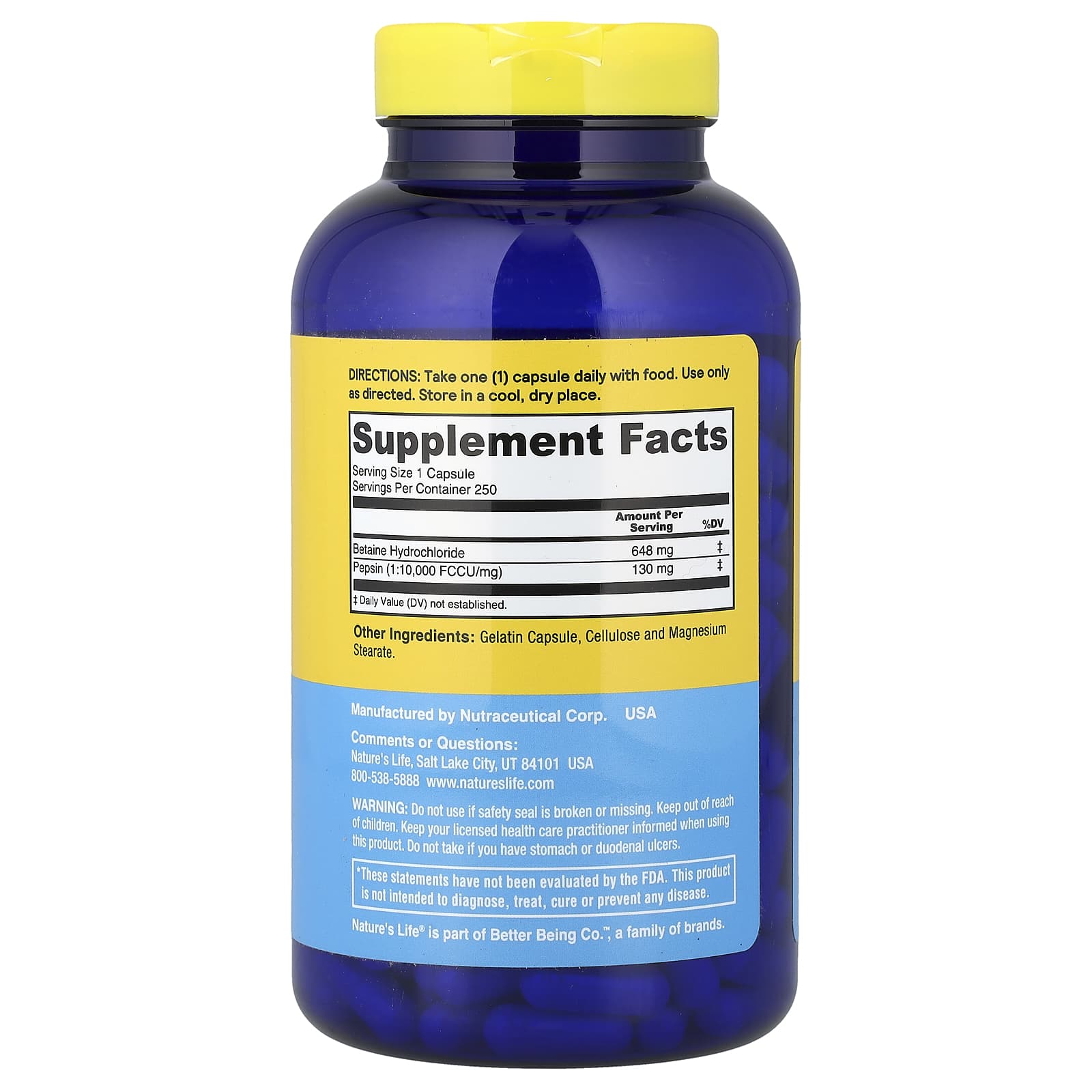 Nature's Life Betaine HCl – 250 gélules — photo 2 sur 2
