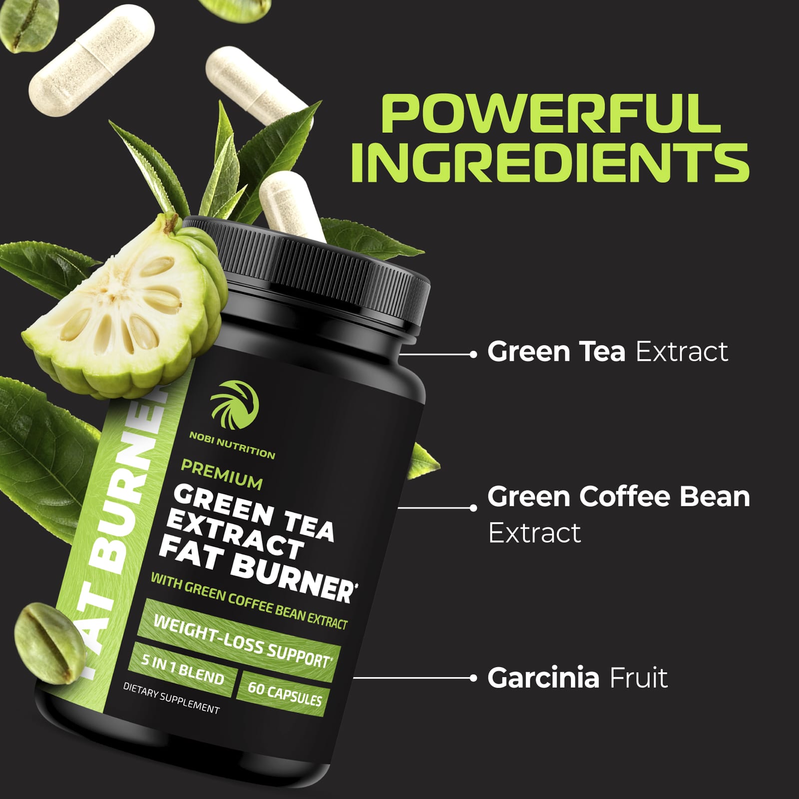 Nobi Nutrition Fat Burner, Premium Green Tea Extract – 60 gélules — étiquette 1