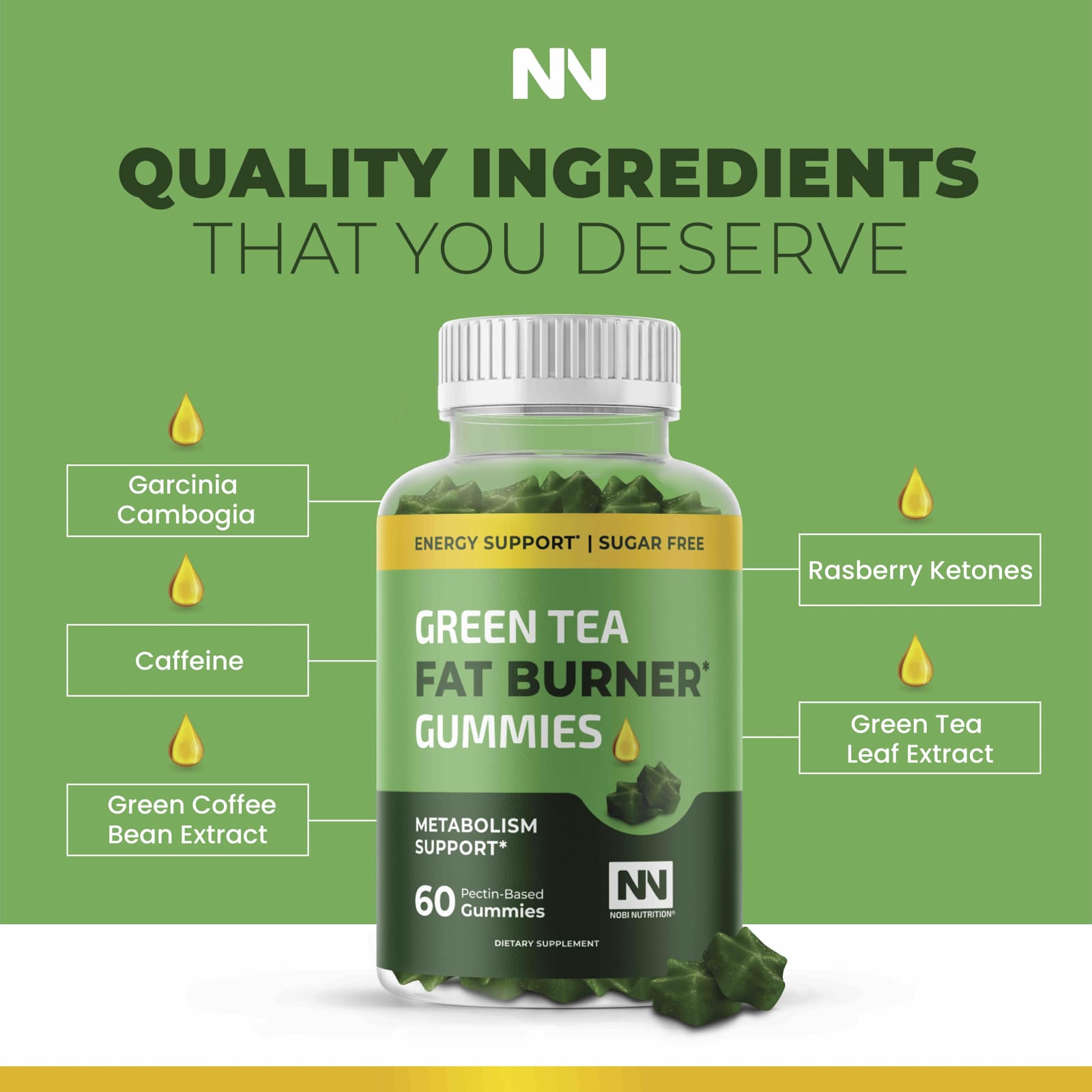 Nobi Nutrition Green Tea Fat Burner Gummies, Metabolism Support, 60 Pectin-Based Gummies — étiquette 2