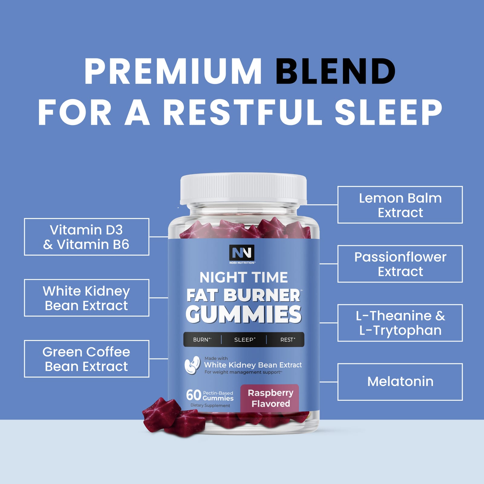 Nobi Nutrition Night Time Fat Burner Gummies, 60 Pectin Based Gummies – Raspberry — étiquette 3