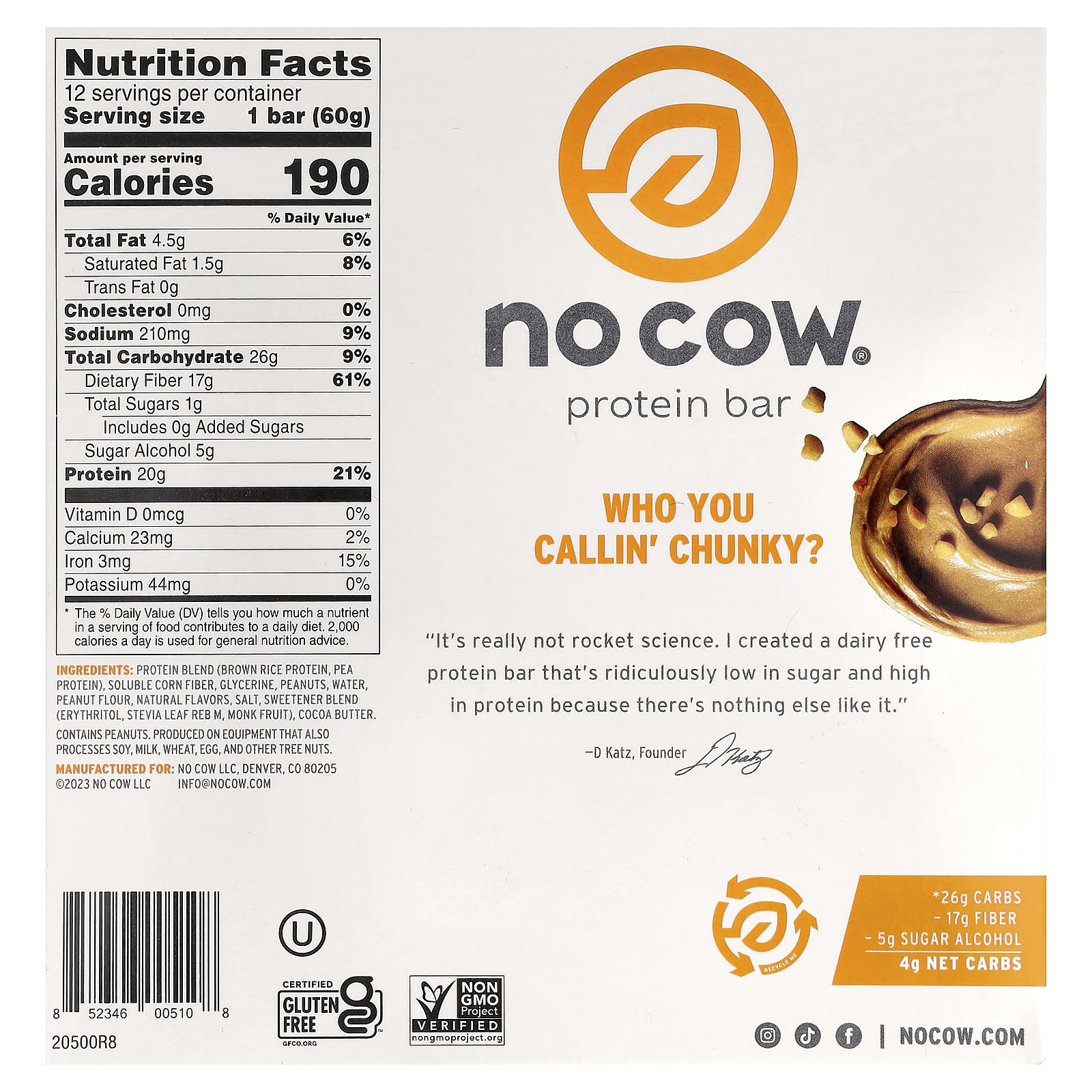 No Cow Protein Bar – Chunky Peanut Butter – 60 g — photo 2 sur 2