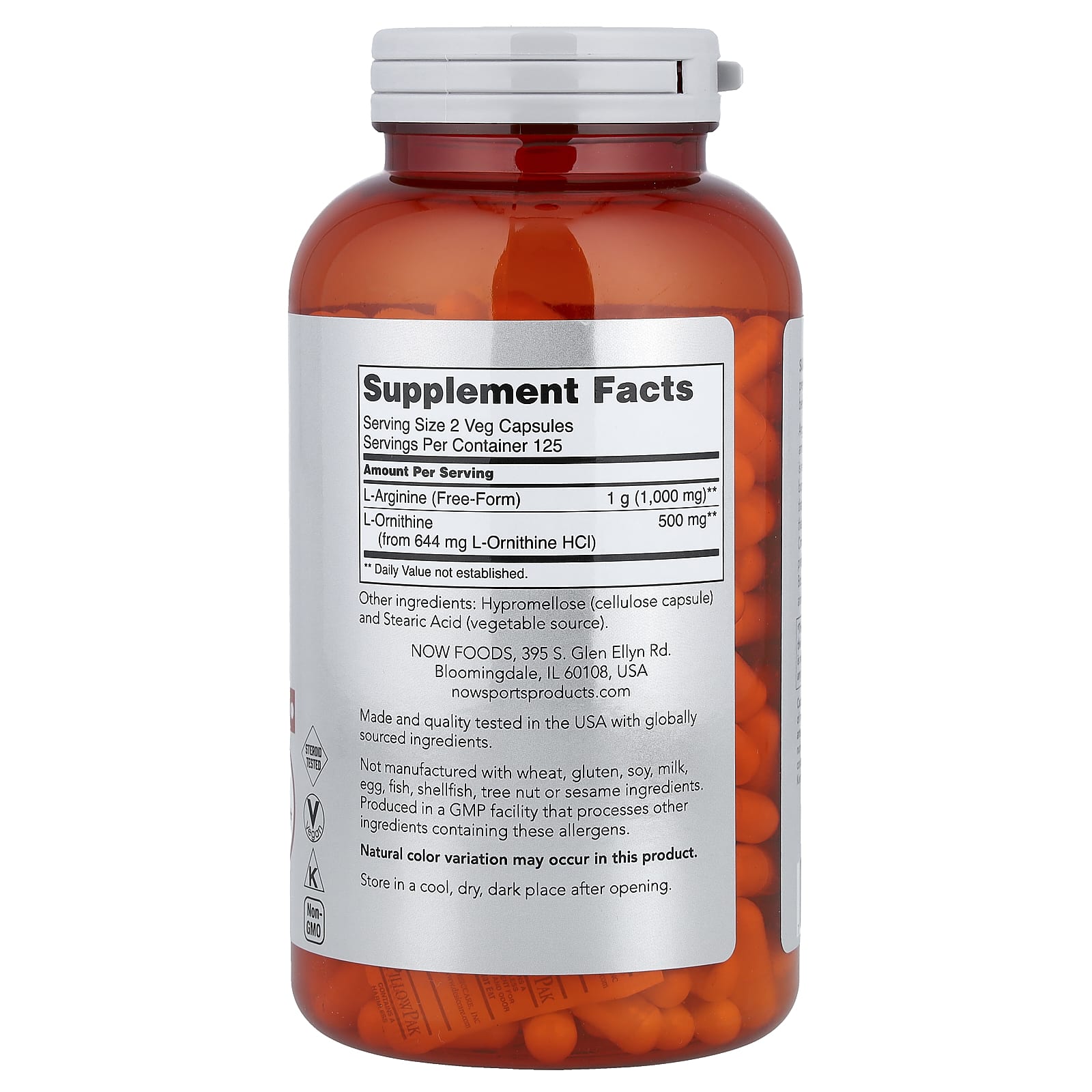 NOW Foods Sports, Arginine & Ornithine – 250 gélules végétales — photo 2 sur 2