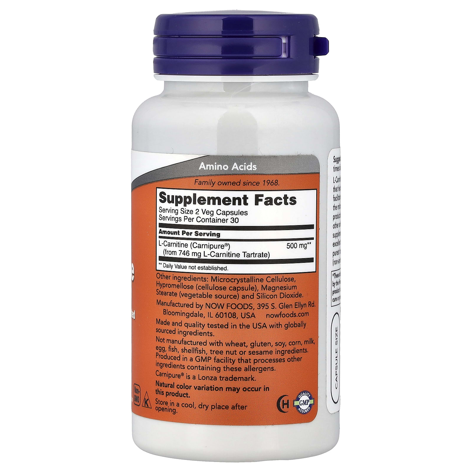 NOW Foods L-Carnitine – 250 mg – 60 gélules végétales — photo 2 sur 2