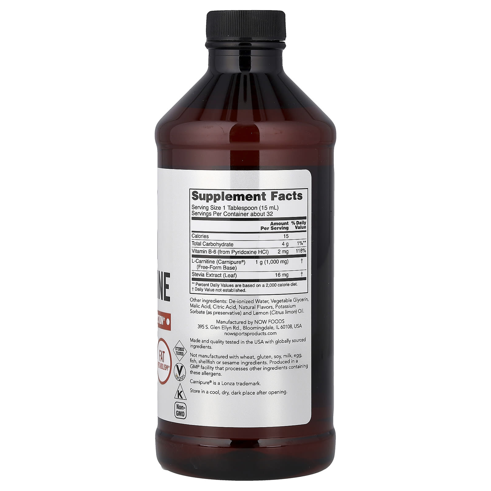 NOW Foods Sports, Liquid L-Carnitine – Citrus – 473 ml — photo 2 sur 2