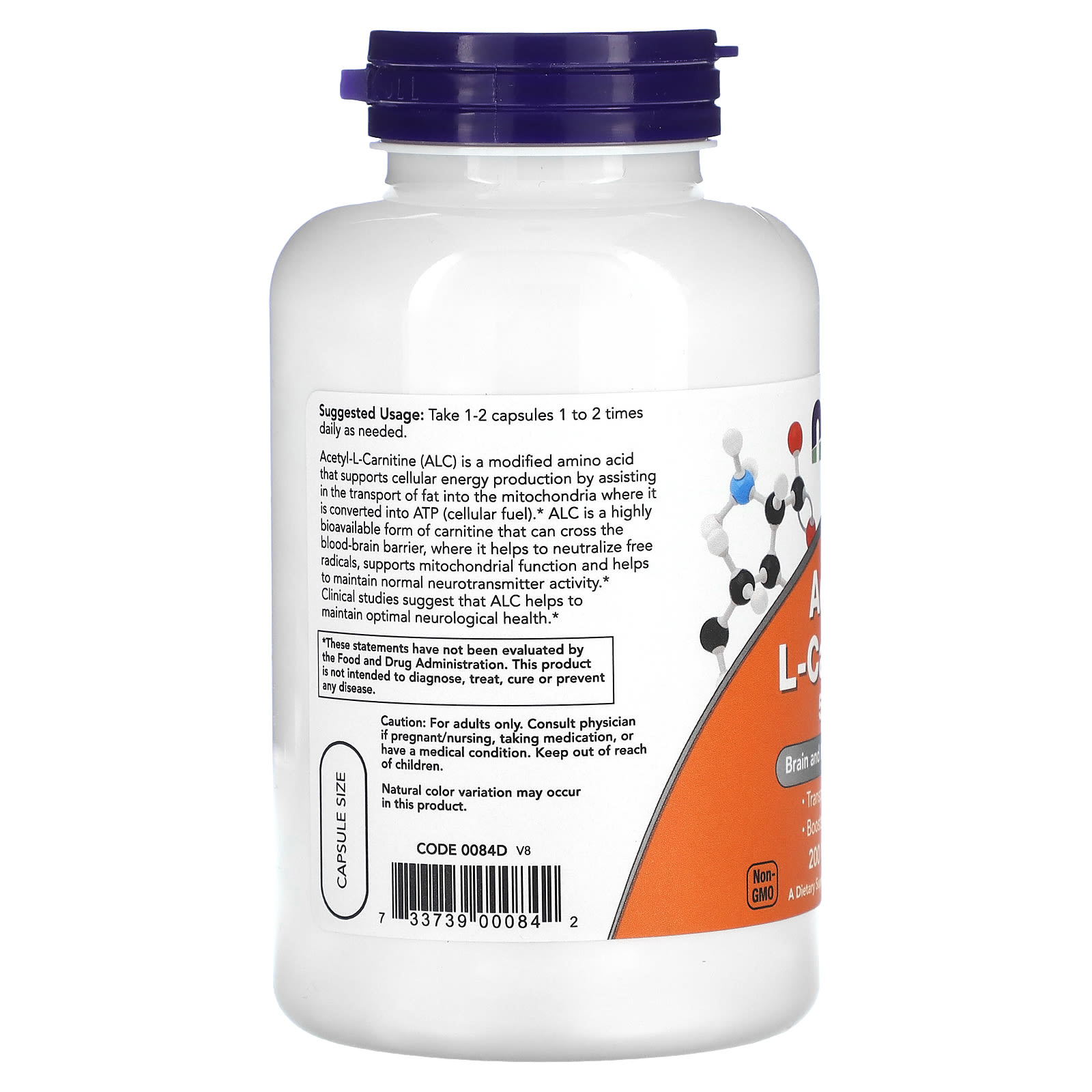 NOW Foods Acetyl-L-Carnitine – 200 gélules végétales — étiquette 1