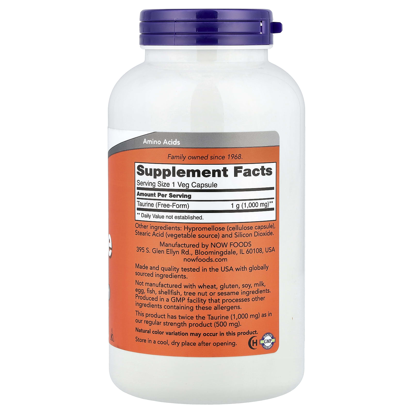 NOW Foods Taurine – 250 gélules végétales — photo 2 sur 2