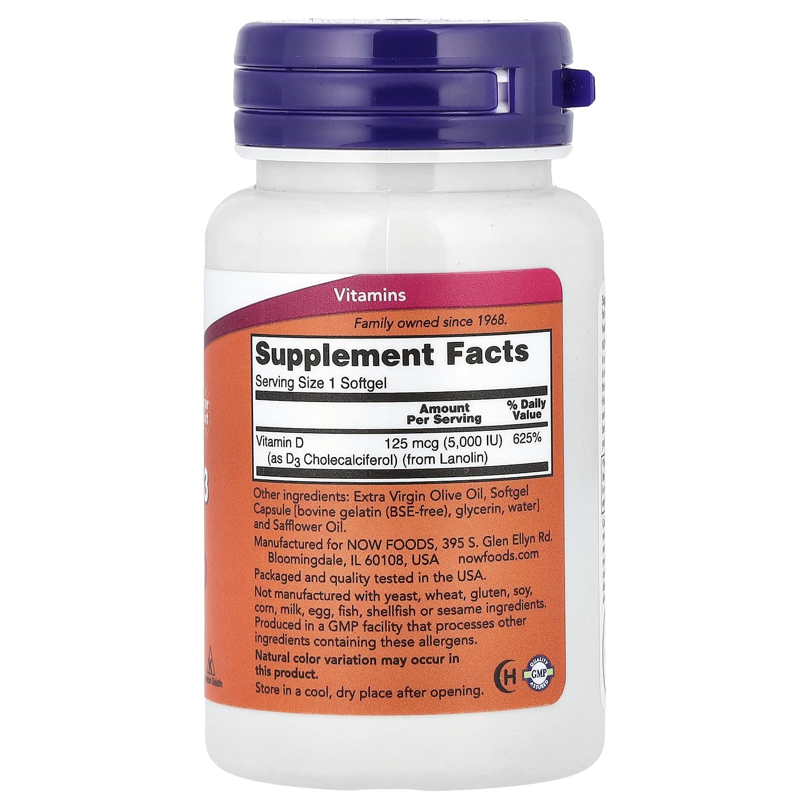 NOW Foods Vitamin D-3, High Potency – 5 000 UI – 240 capsules molles — photo 2 sur 2