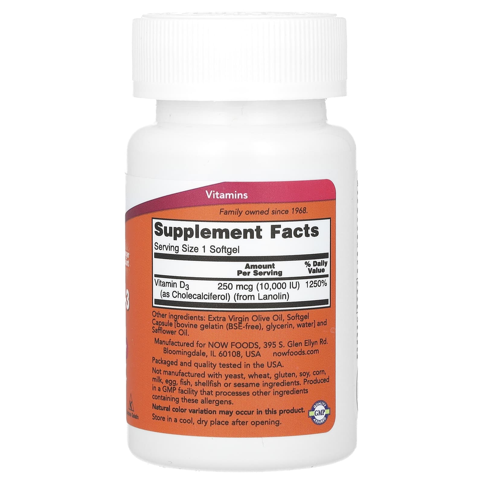 NOW Foods Vitamin D-3, High Potency – 10 000 UI – 240 capsules molles — photo 2 sur 2