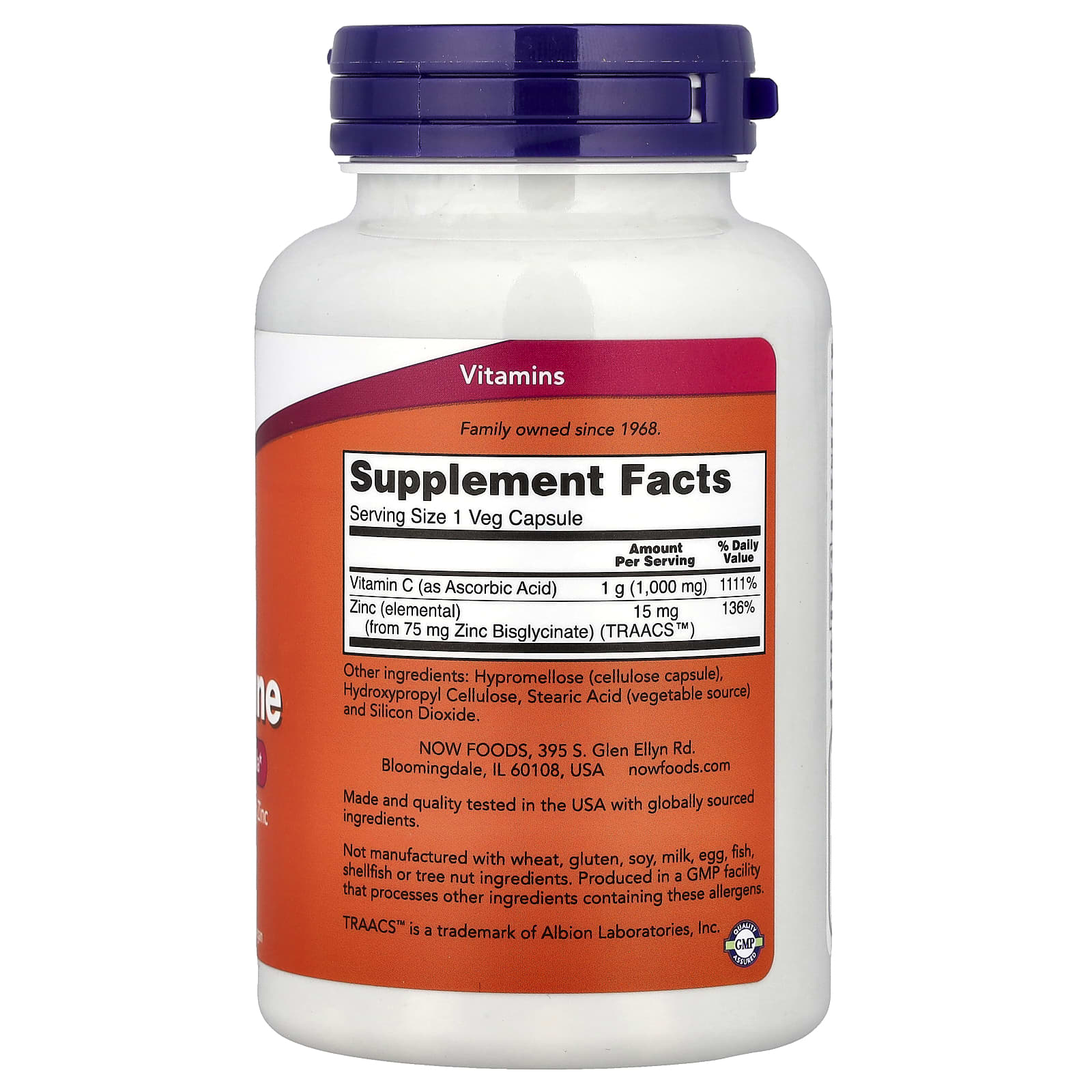 NOW Foods C-1000, Zinc Immune – 90 gélules végétales — photo 2 sur 2