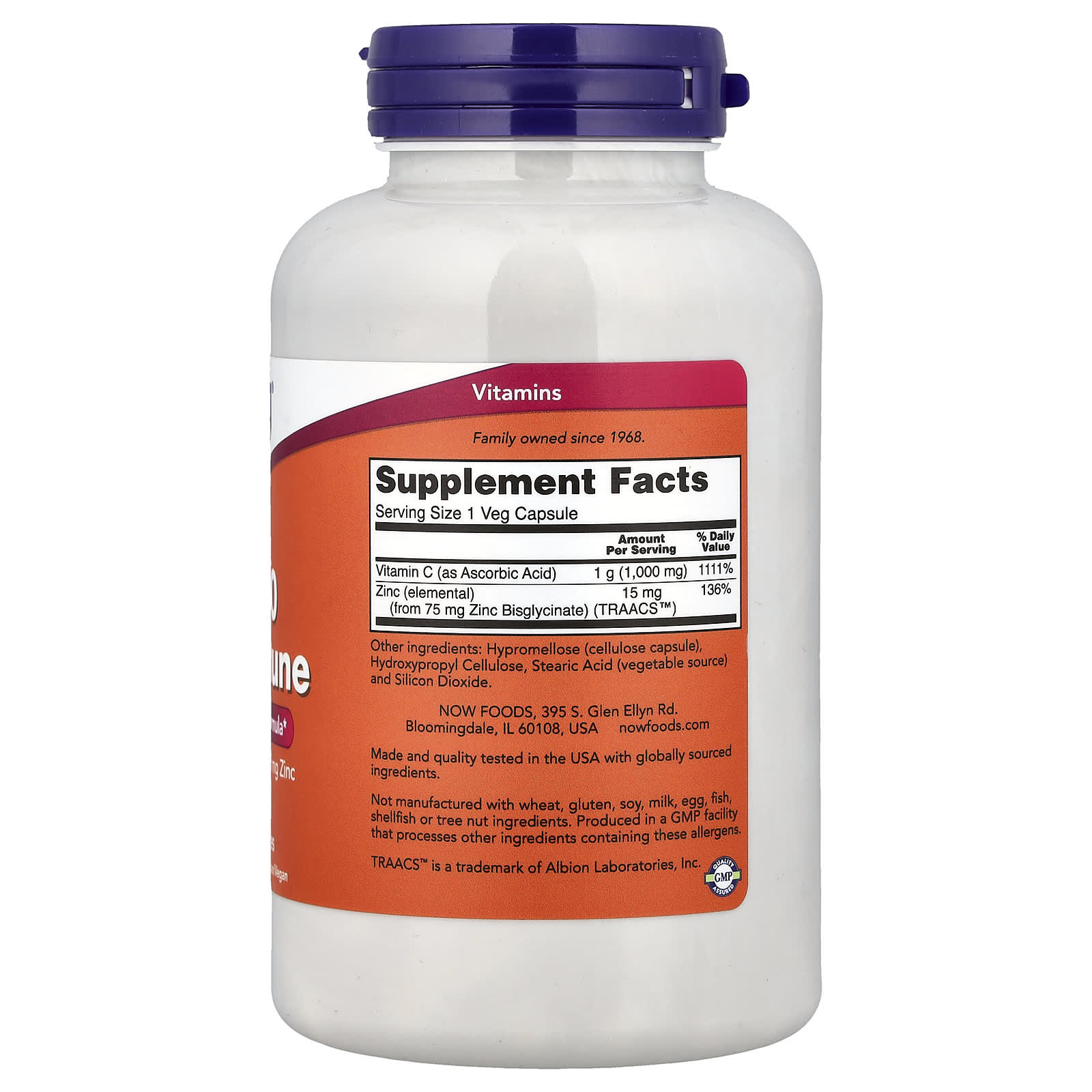NOW Foods C-1000 Zinc Immune – 180 gélules végétales — photo 2 sur 2