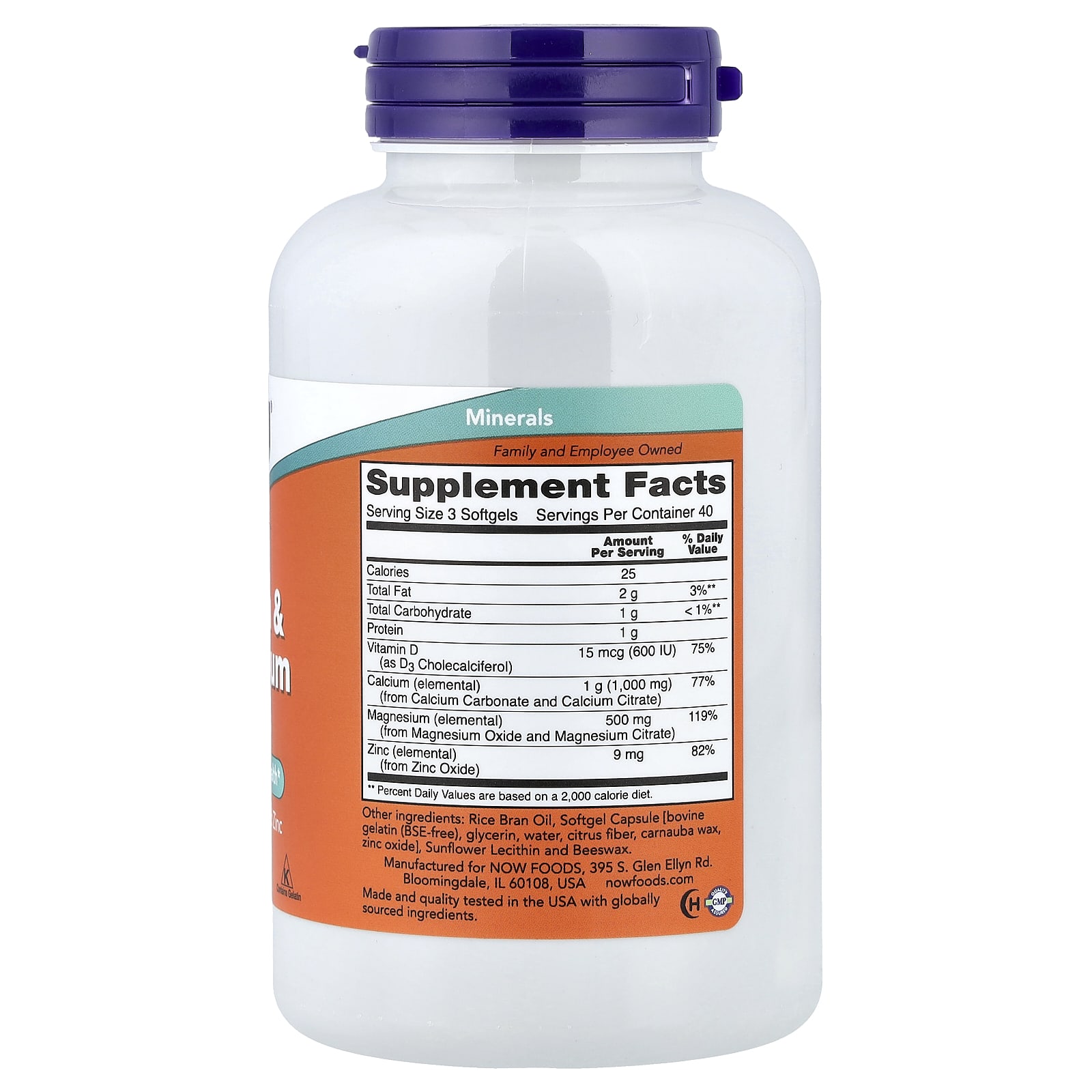 NOW Foods Calcium & Magnesium with Vitamin D3 and Zinc – 120 capsules molles — photo 2 sur 2