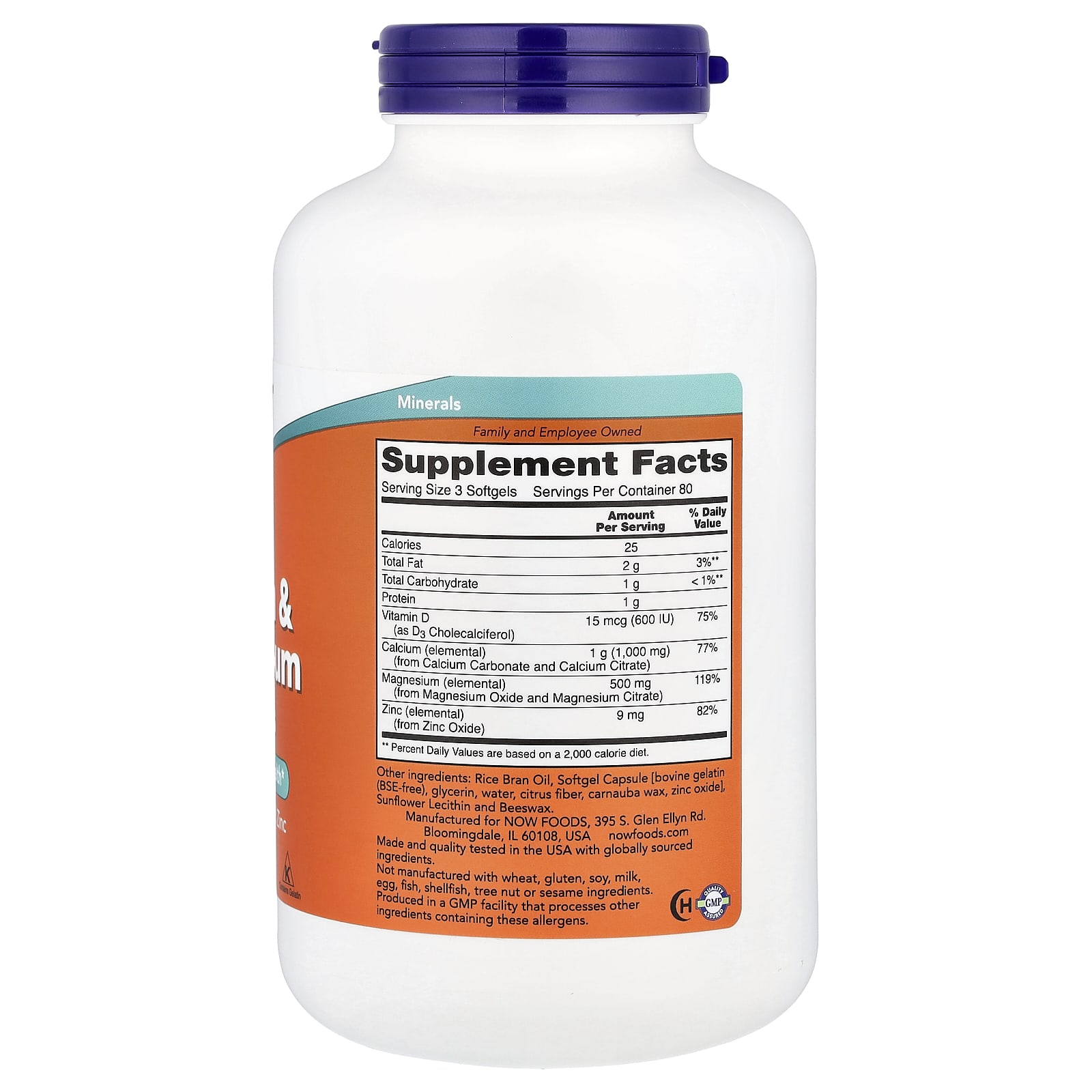 NOW Foods Calcium & Magnesium With Vitamin D-3 and Zinc – 240 capsules molles — photo 2 sur 2