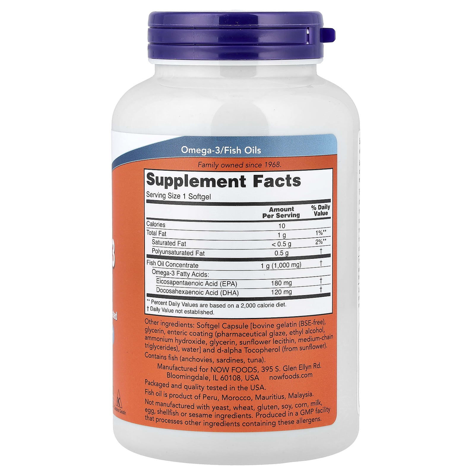 NOW Foods Omega-3 Fish Oil – 180 capsules molles — photo 2 sur 2