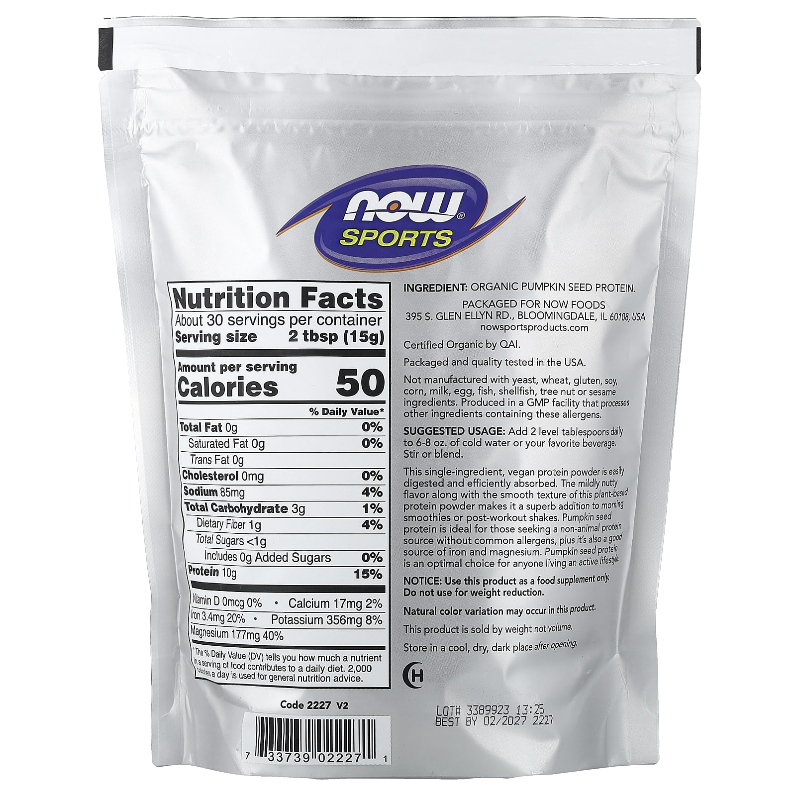 NOW Foods Sports, Organic Pumpkin Seed Protein Powder – Sans arôme – 454 g — photo 2 sur 2