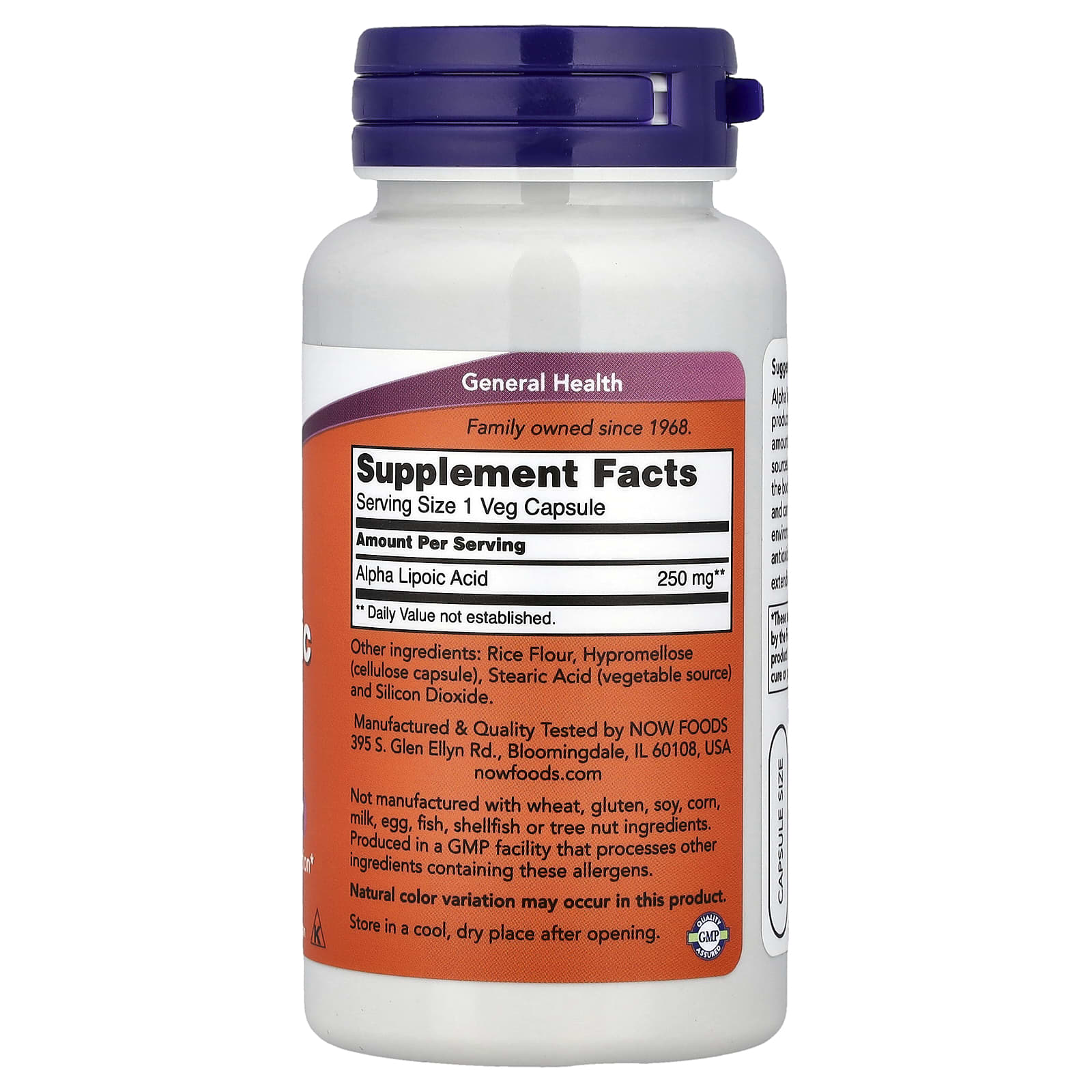 NOW Foods Alpha Lipoic Acid – 250 mg – 60 gélules végétales — photo 2 sur 2