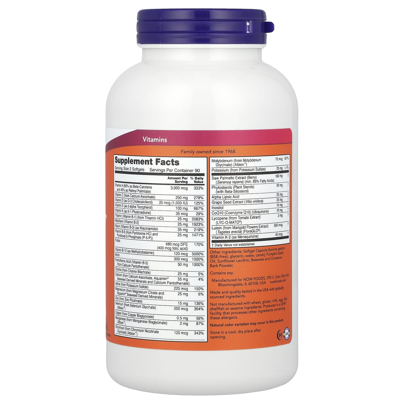 NOW Foods ADAM, Superior Men's Multi – 180 capsules molles — photo 2 sur 2