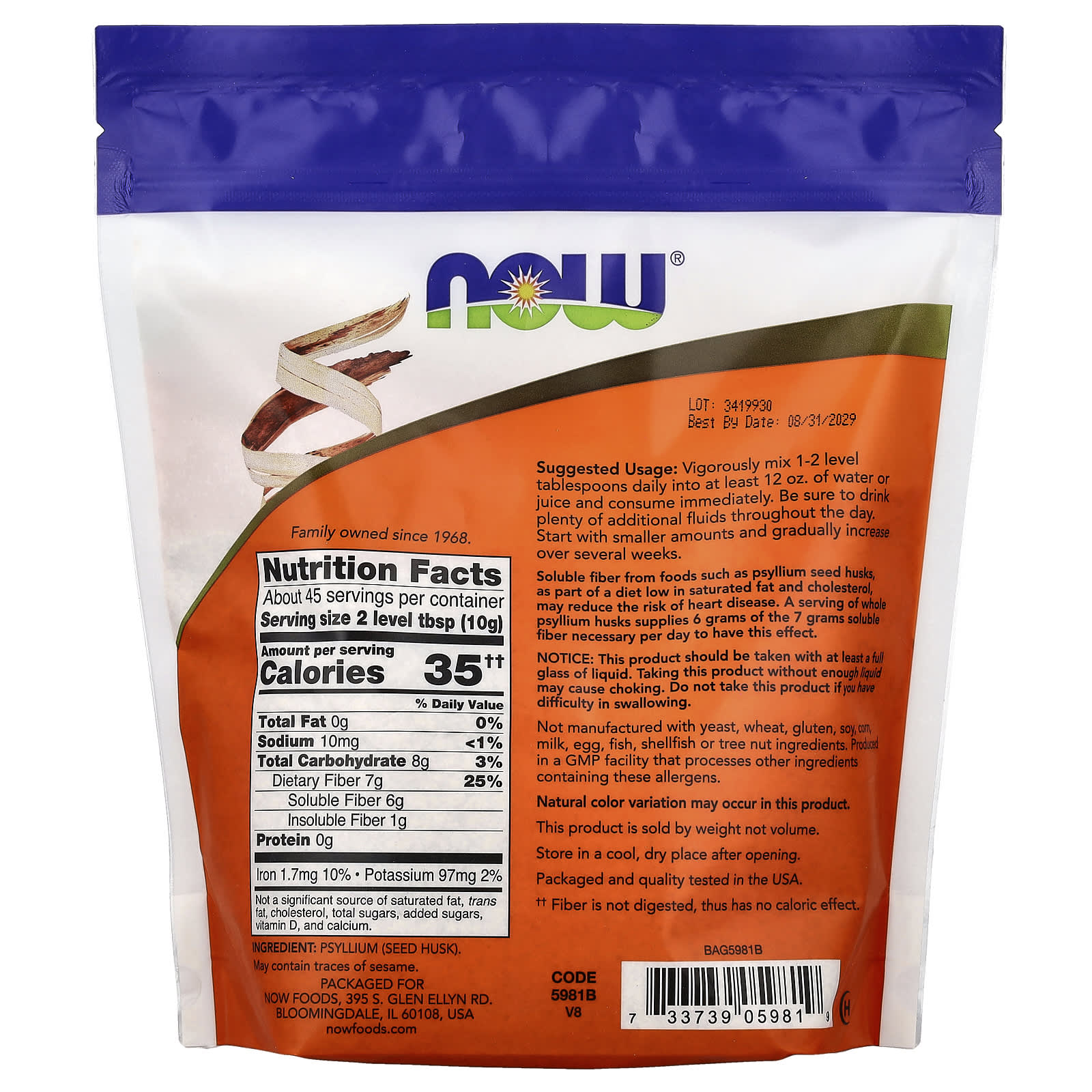 NOW Foods Whole Psyllium Husks – 454 g — photo 2 sur 2