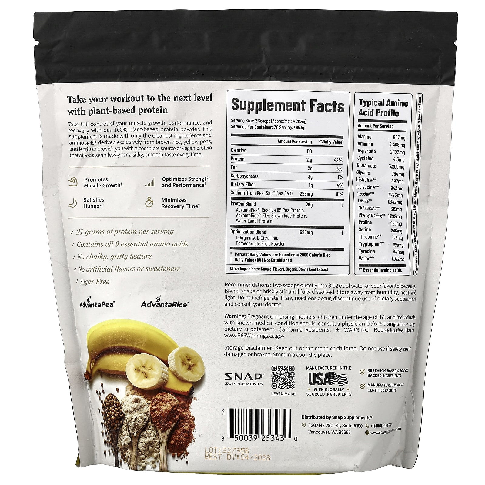 Snap Supplements Plant Protein, Vegan Protein Powder – Banana – 853 g — photo 2 sur 2