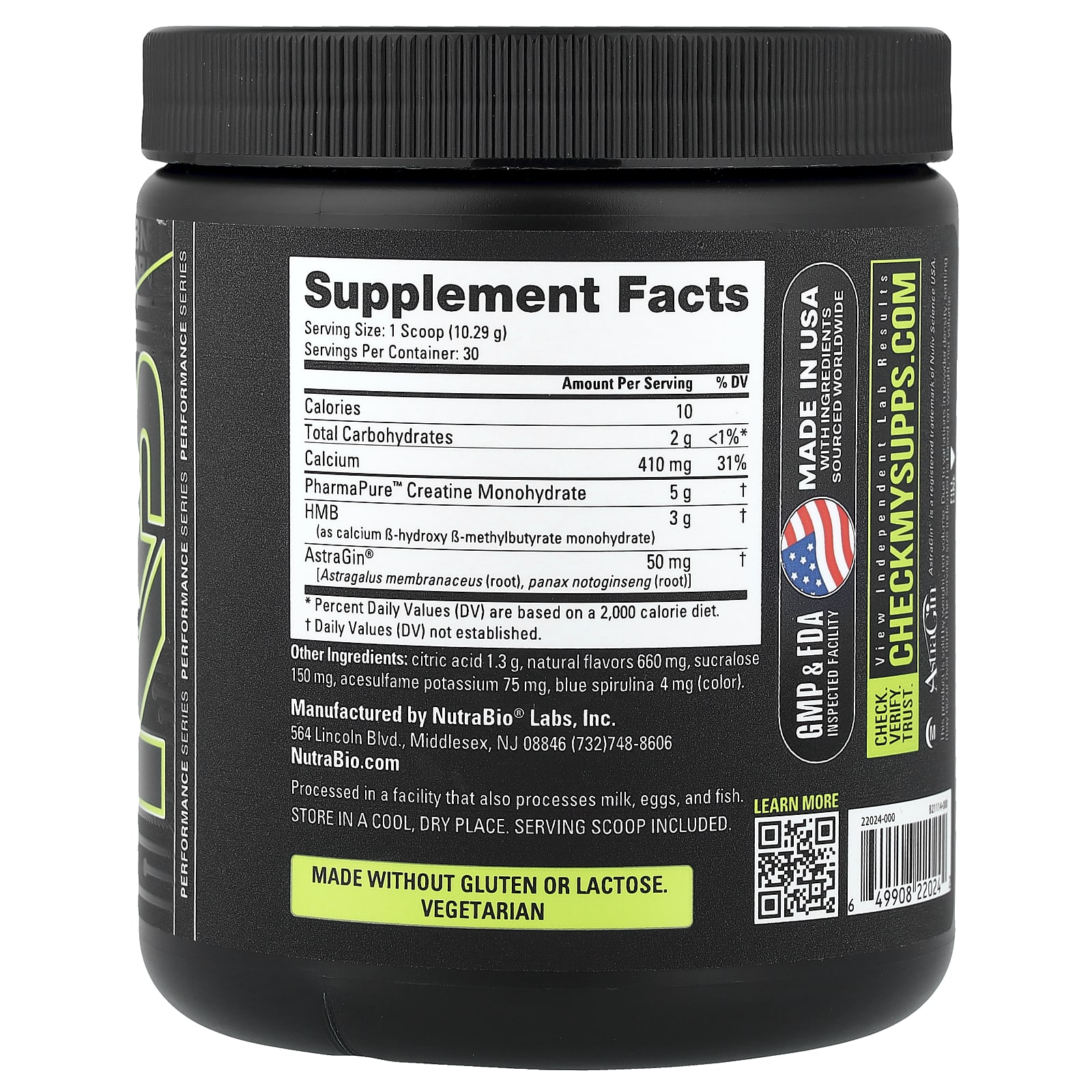 NutraBio Creatine + HMB – Blue Razz – 308 g — photo 2 sur 2