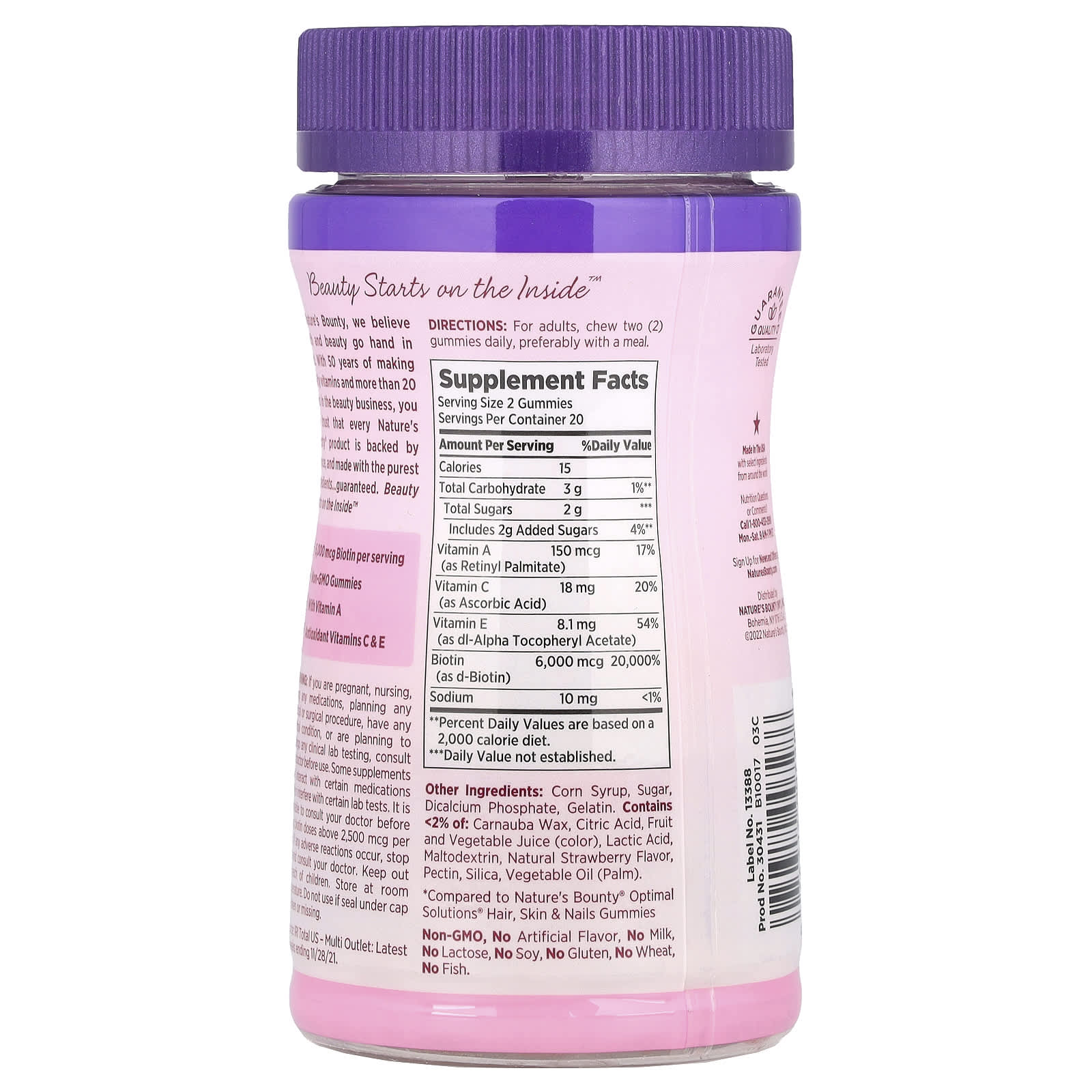 Nature's Bounty Optimal Solutions, Hair, Skin & Nails Gummies – Strawberry – 40 gommes — photo 2 sur 2
