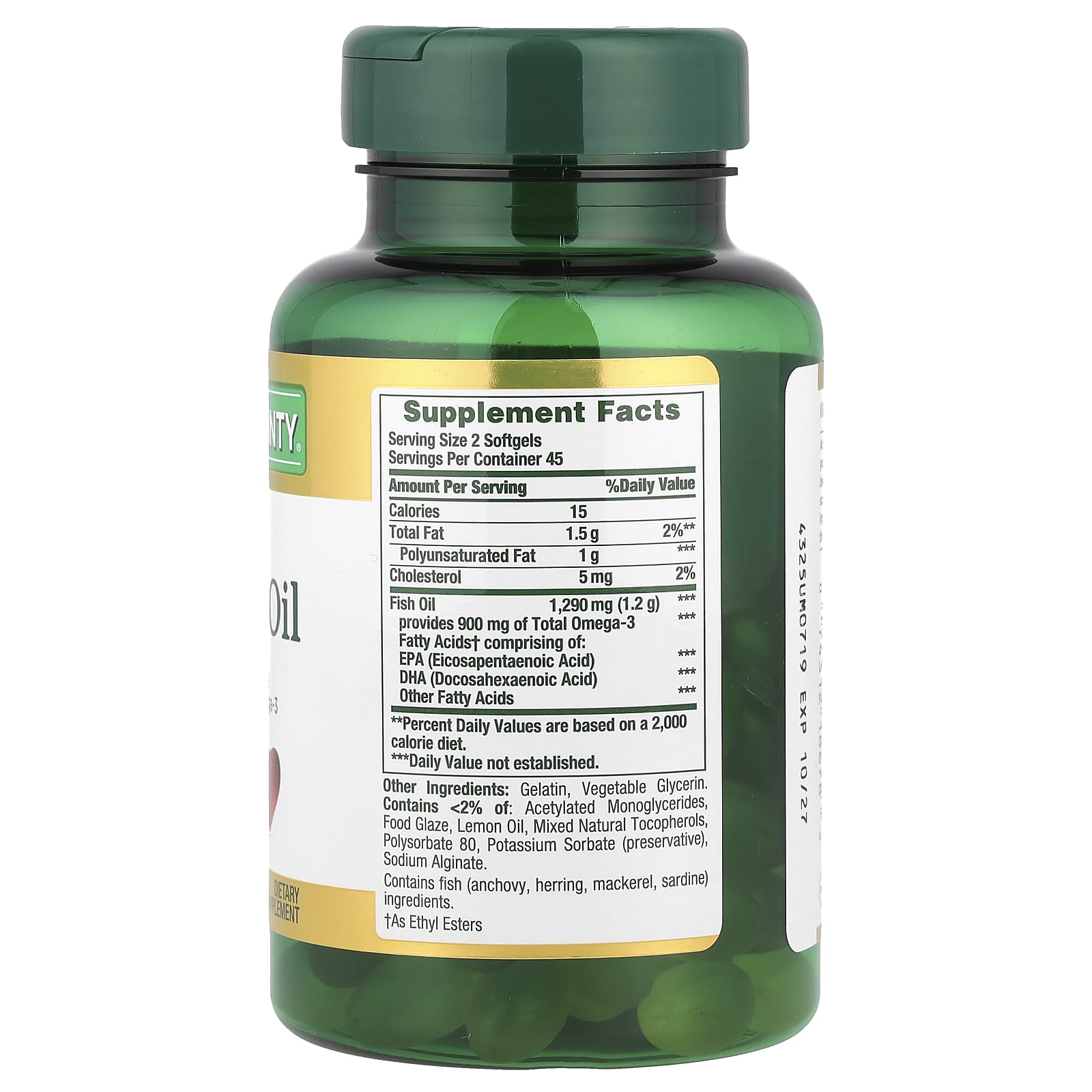 Nature's Bounty Mini Fish Oil, Odor-Less, 90 Mini Coated Softgels (645 mg per Softgel) — photo 2 sur 2