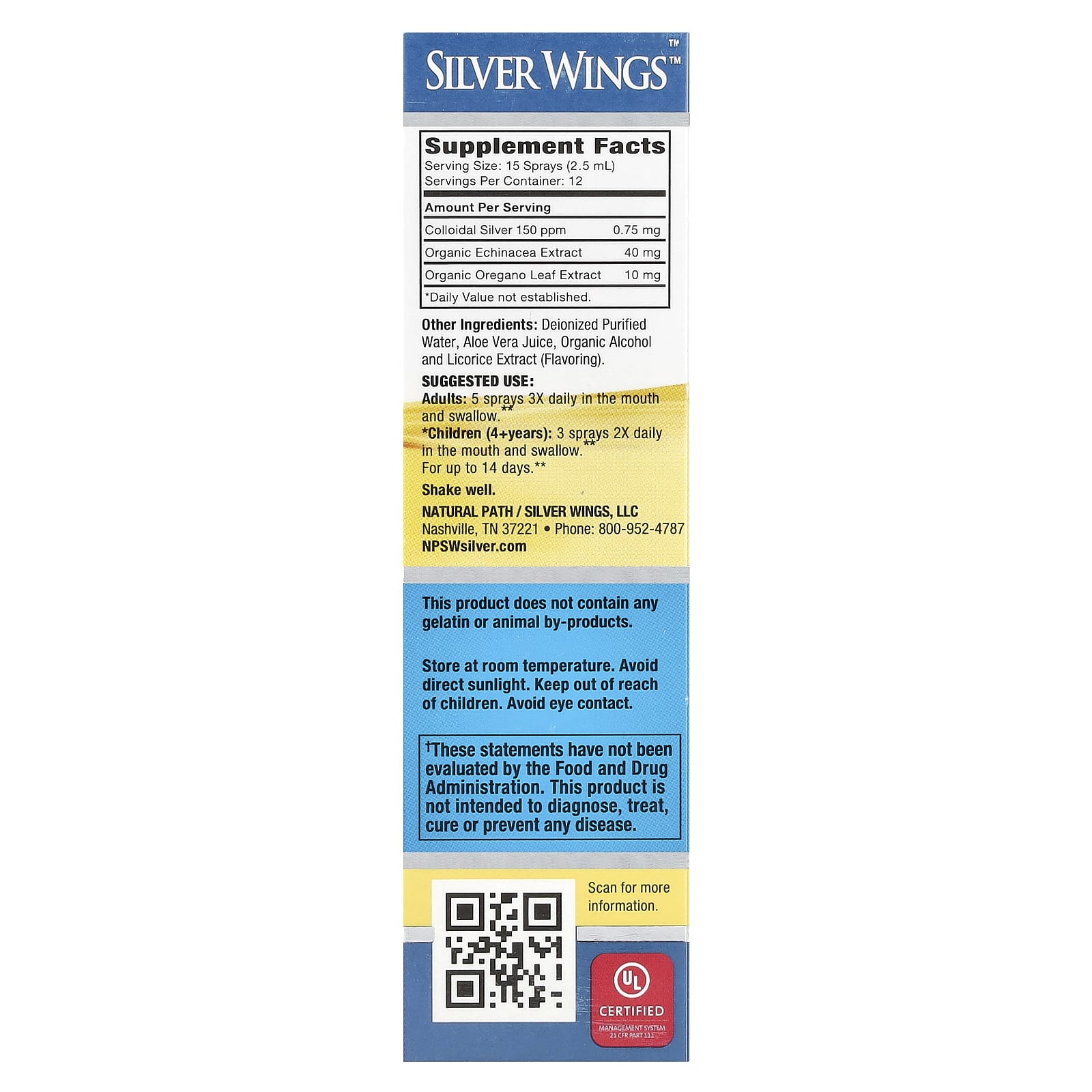 Natural Path Silver Wings Colloidal Silver Herbal Tincture Spray, Echinacea & Oregano – 30 ml — photo 2 sur 2
