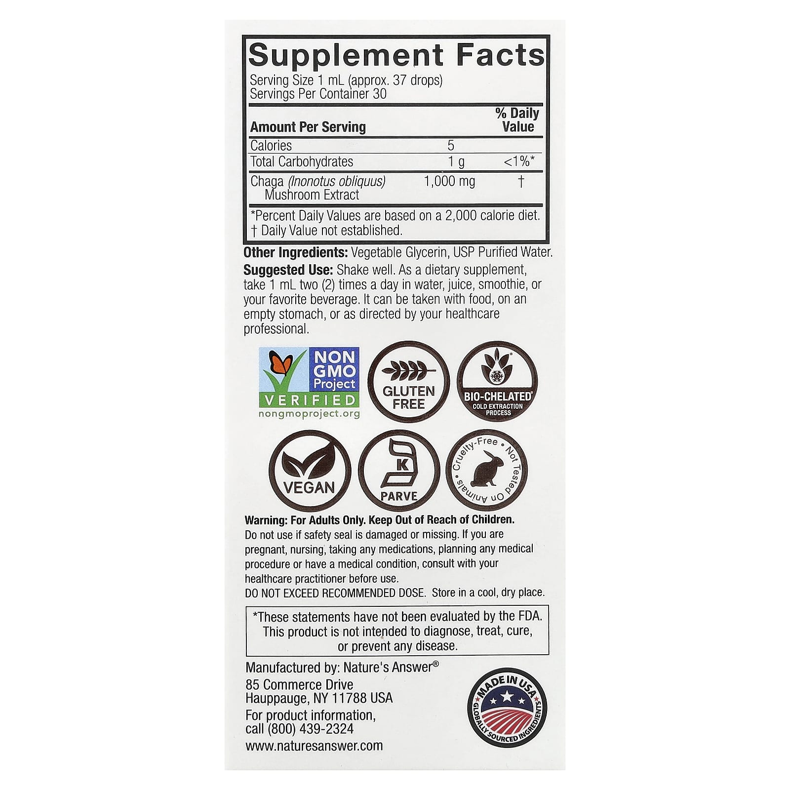 Nature's Answer Chaga, Mushroom Extract, Alcohol Free – 30 ml — photo 2 sur 2