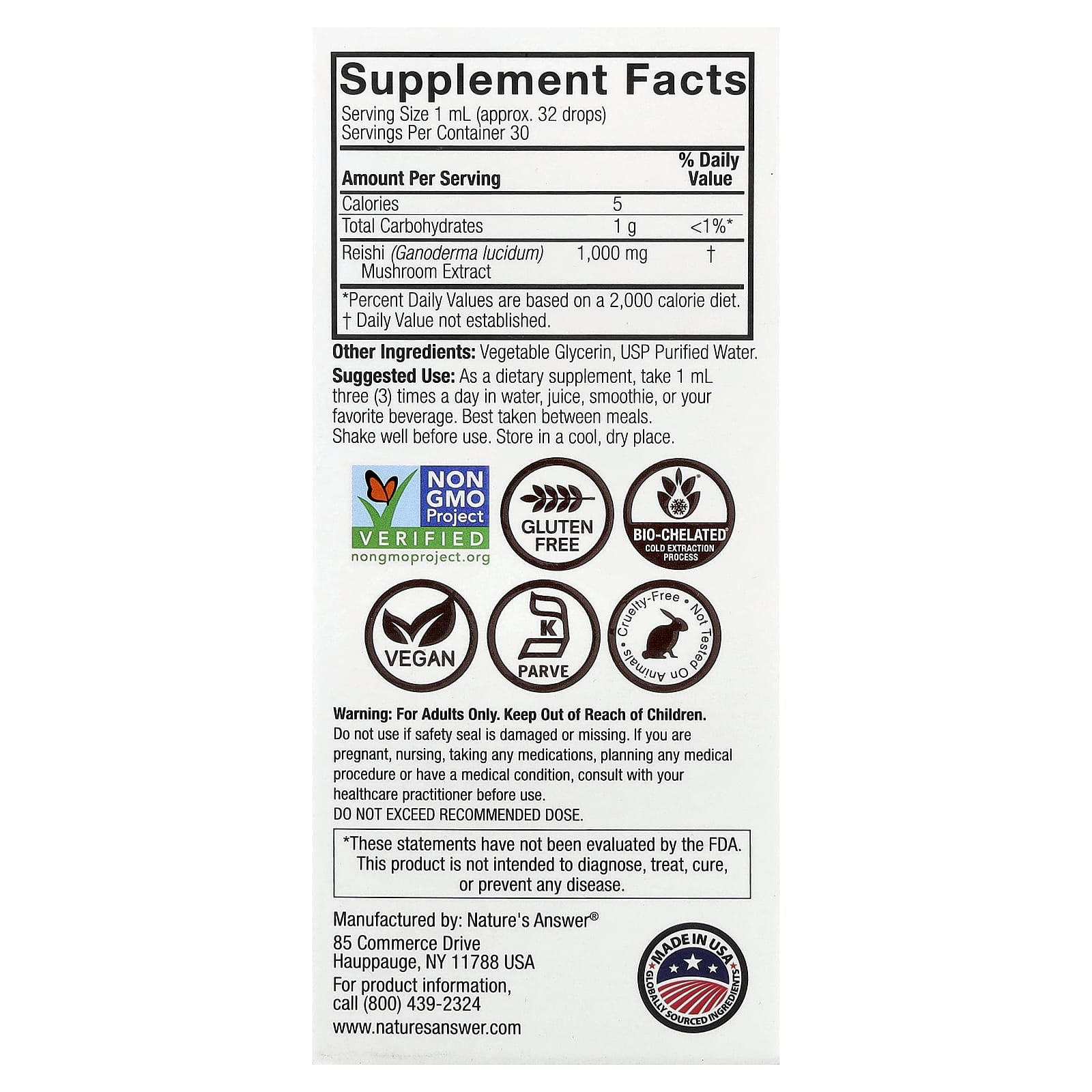 Nature's Answer Reishi, Mushroom Extract, Alcohol Free – 30 ml — photo 2 sur 2