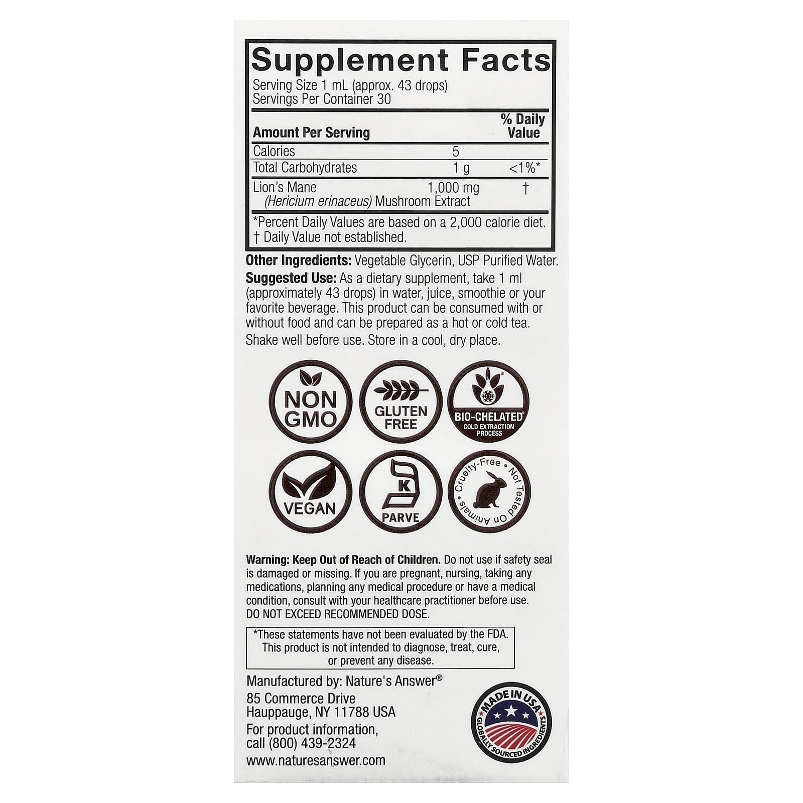 Nature's Answer Lion's Mane, Mushroom Extract, Alcohol Free – 30 ml — photo 2 sur 2