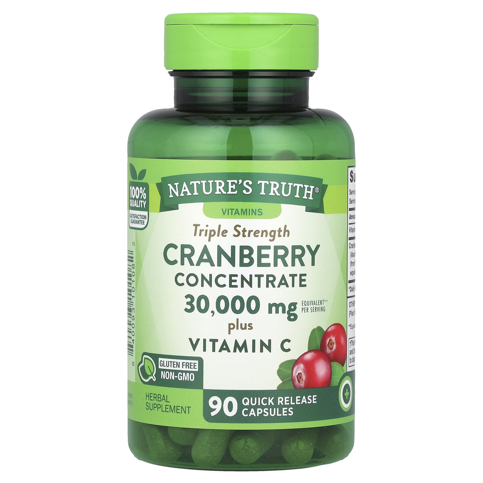 Nature's Truth Cranberry Concentrate Plus Vitamin C, Triple Strength, 90 Quick Release Capsules – Cranberry Concentrate Plus Vitamin C — étiquette 1