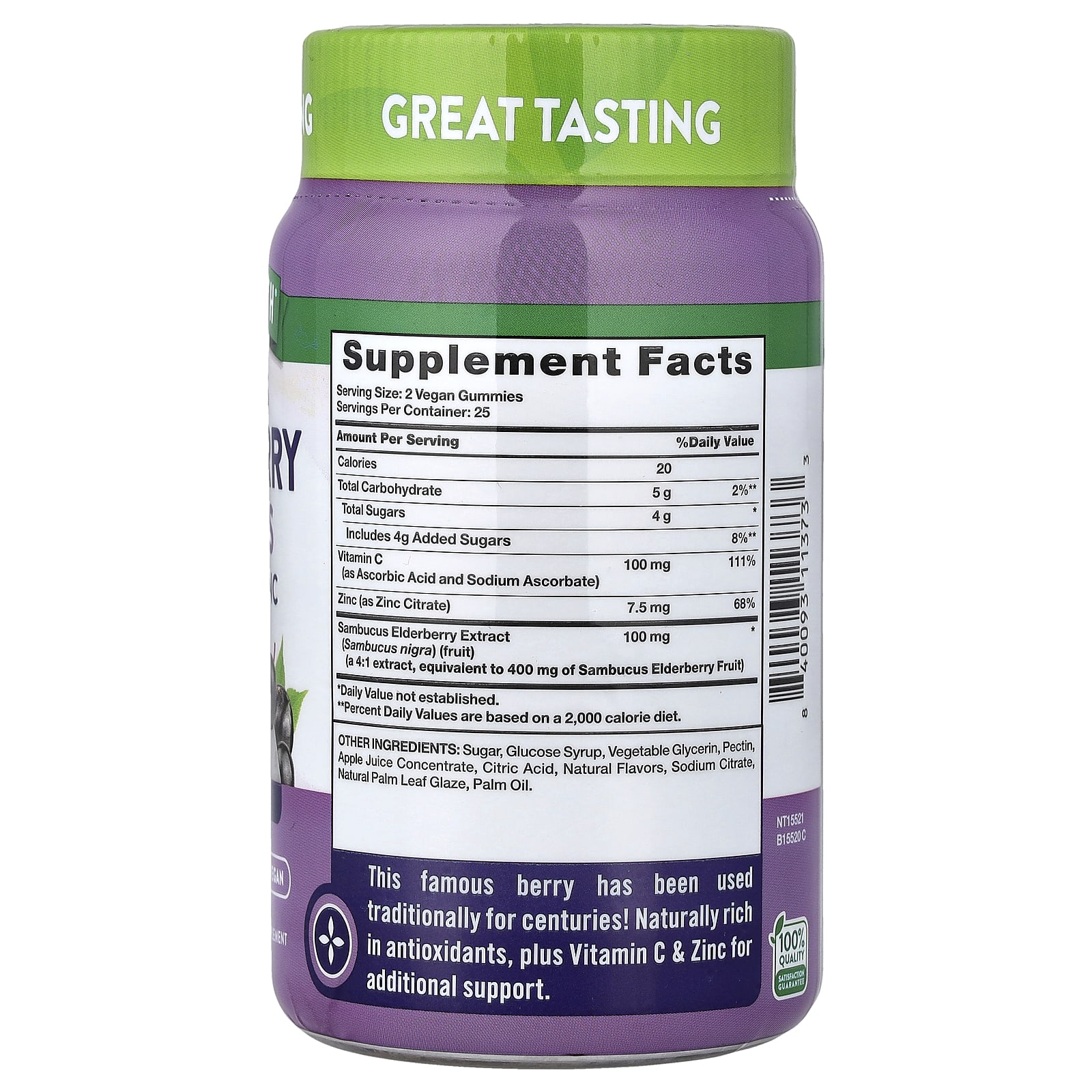 Nature's Truth Sambucus Elderberry + Vitamin C, Zinc Gummies, Delicious Berry – Sambucus Elderberry + Vitamin C – 50 gommes — photo 2 sur 2