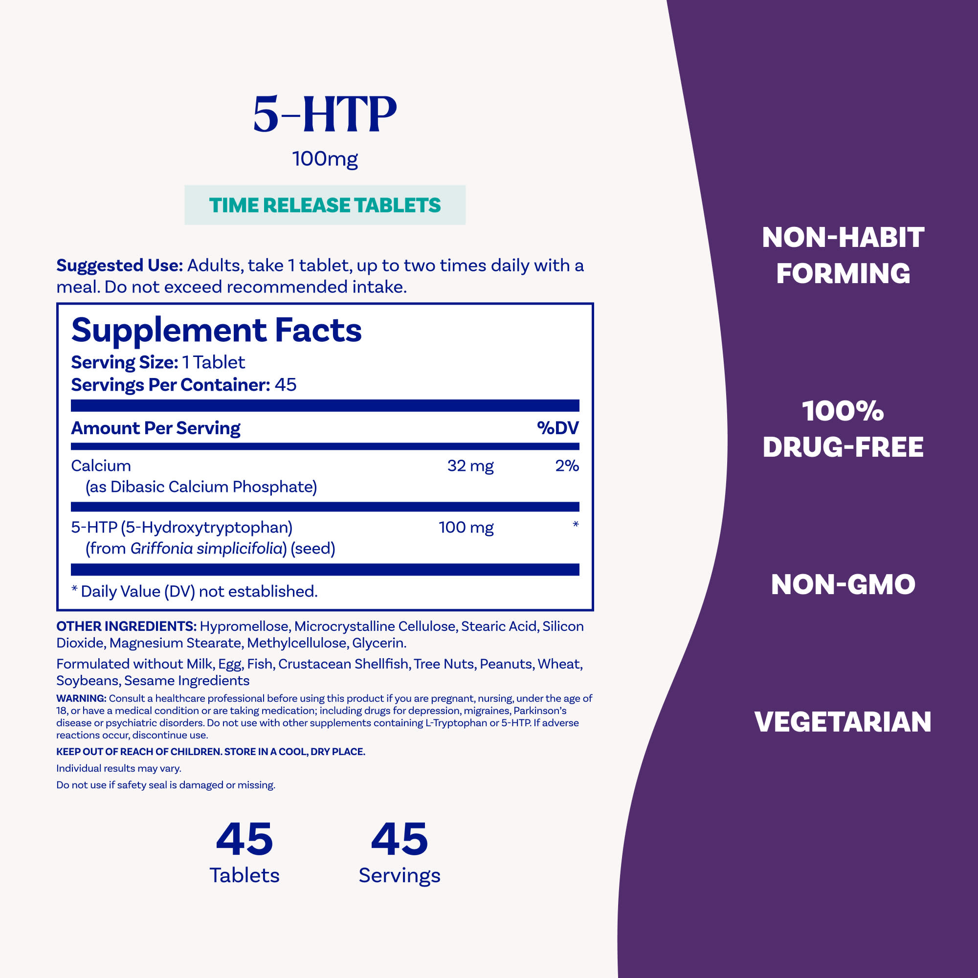 Natrol 5-HTP, Time Release – 45 comprimés — étiquette 2