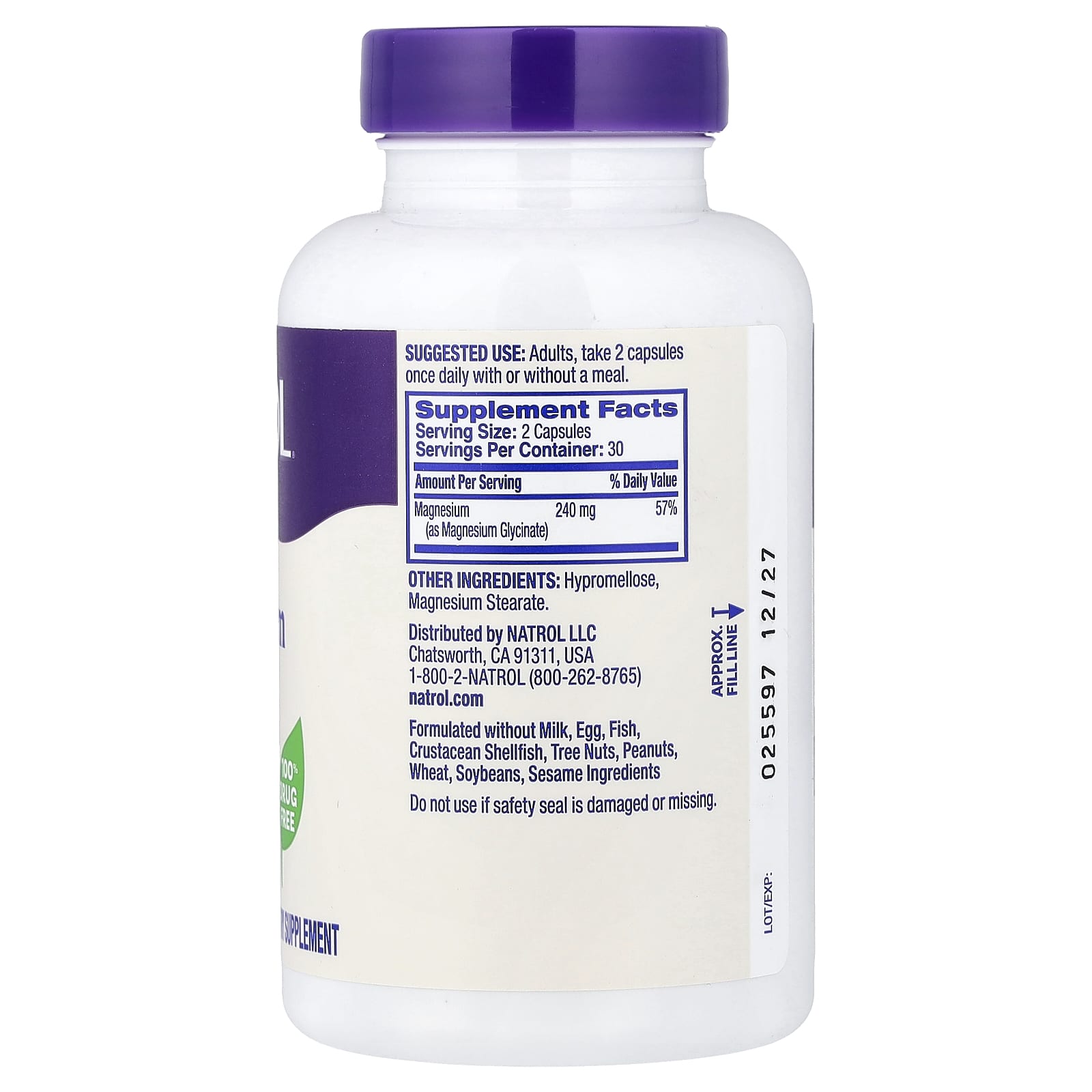 Natrol Magnesium Glycinate, High Absorption – 60 gélules — photo 2 sur 2
