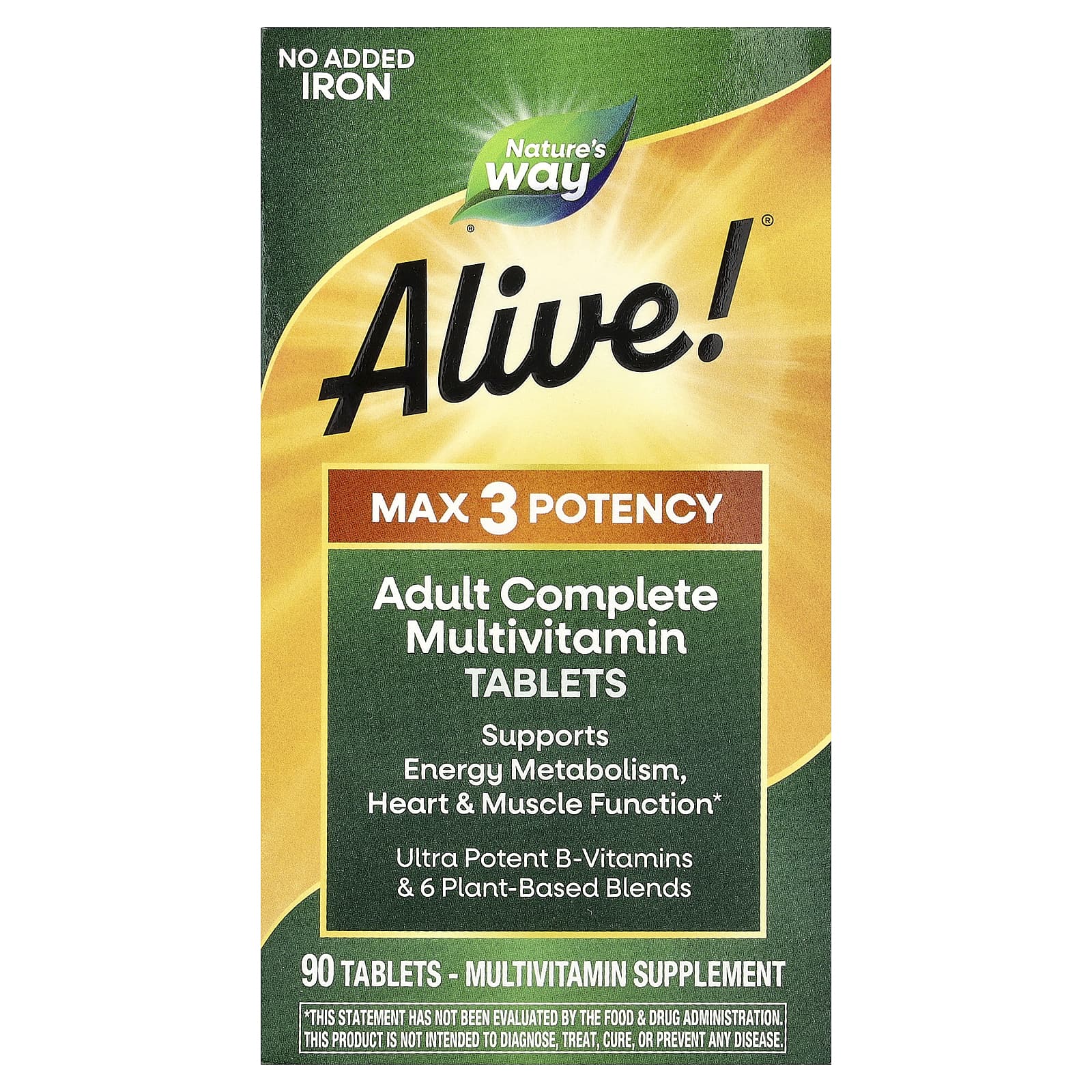 Nature's Way Alive! Max3 Potency, Adult Complete Multivitamin, No Added Iron – 90 comprimés — Tunisie