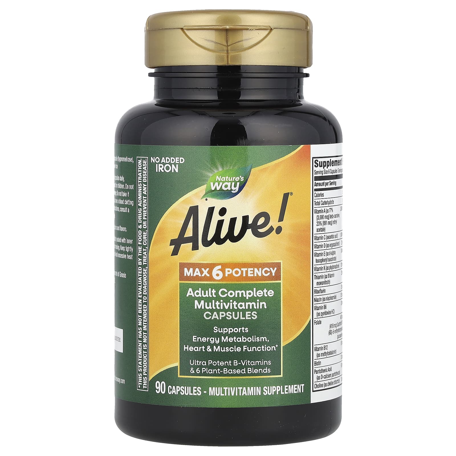 Nature's Way Alive! Max6 Potency, Adult Complete Multivitamin, No Added Iron – 90 gélules — étiquette 2