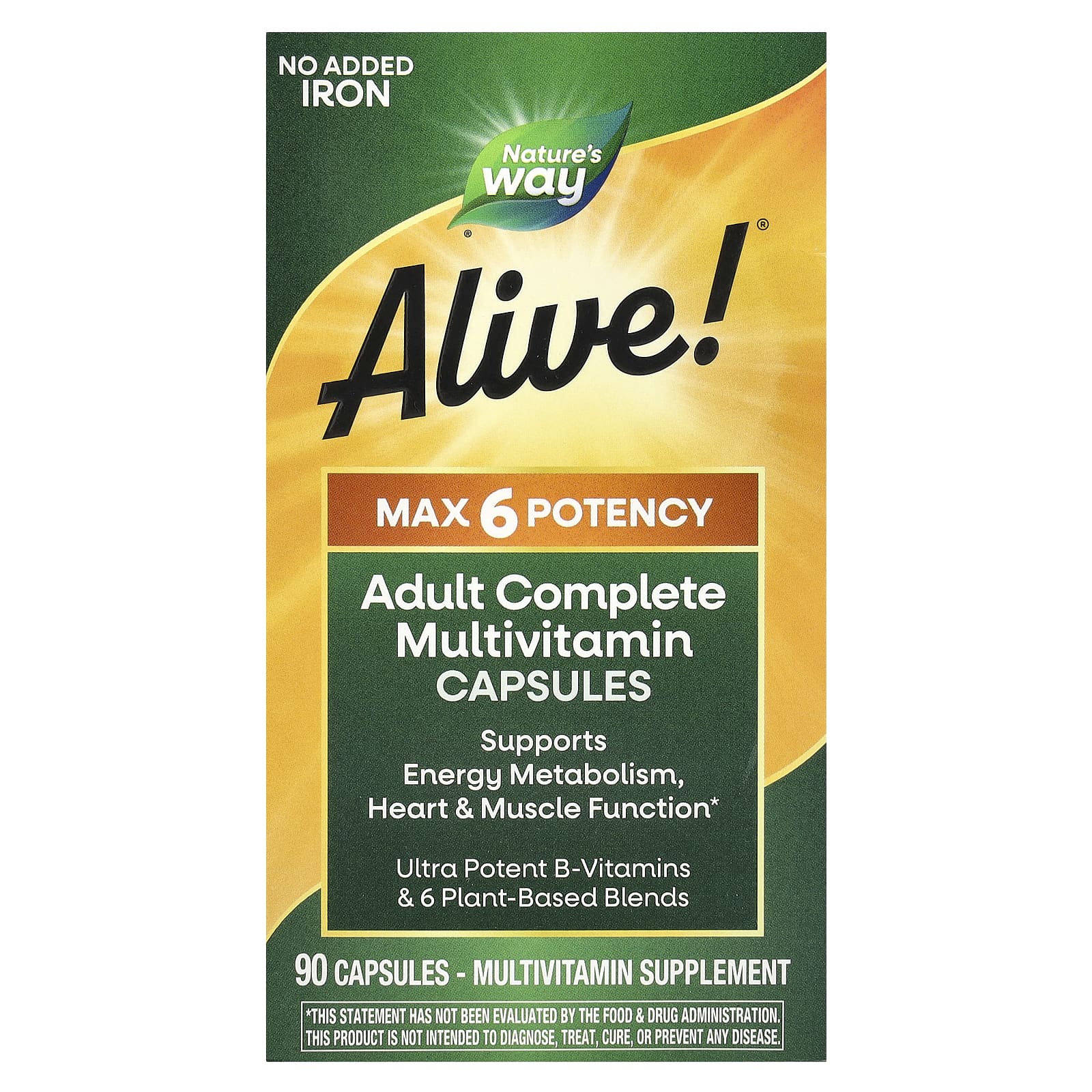 Nature's Way Alive! Max6 Potency, Adult Complete Multivitamin, No Added Iron – 90 gélules — Tunisie