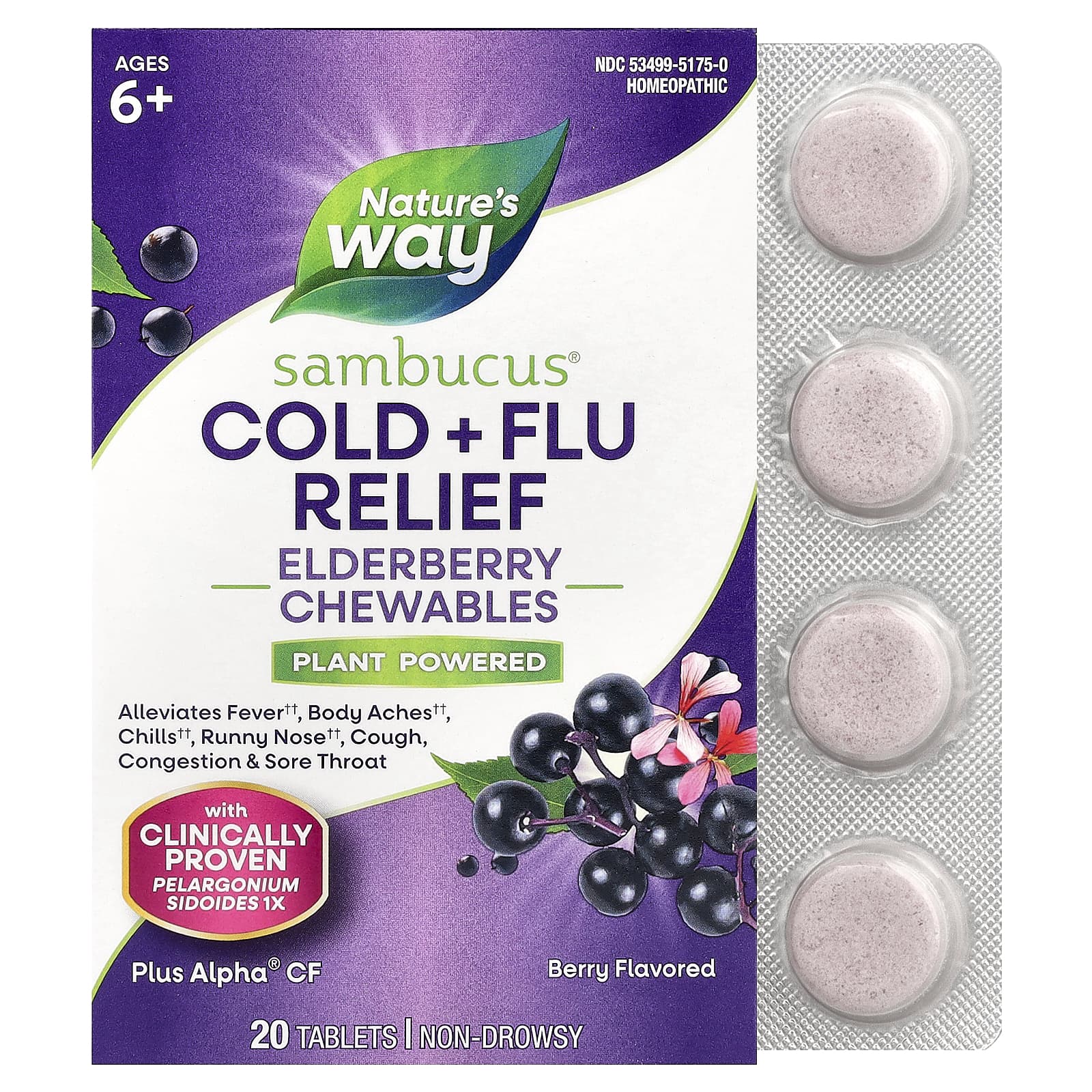 Nature's Way Sambucus, Cold + Flu Relief, Berry – Elderberry Chewables – 20 comprimés — Tunisie