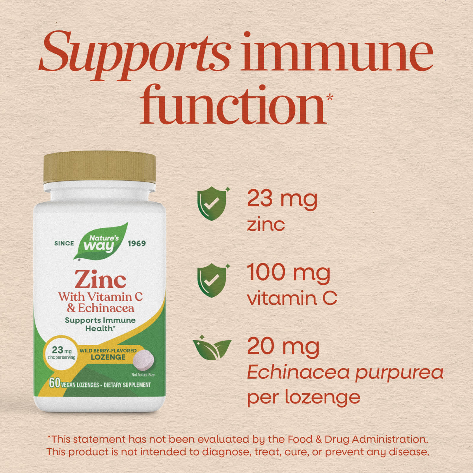 Nature's Way Zinc with Vitamin C & Echinacea, 60 Vegan Lozenges – Wild Berry — étiquette 3