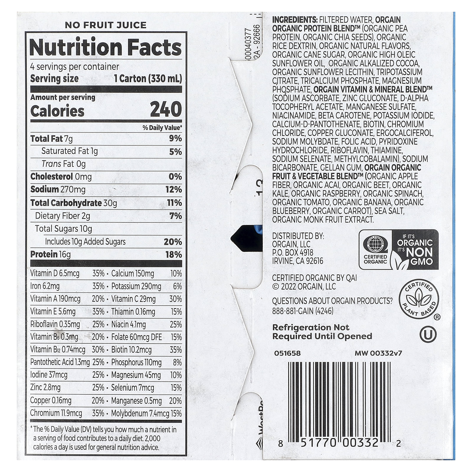 Orgain Organic Nutrition, Plant Protein Shake – Smooth Chocolate – 330 ml — photo 2 sur 2