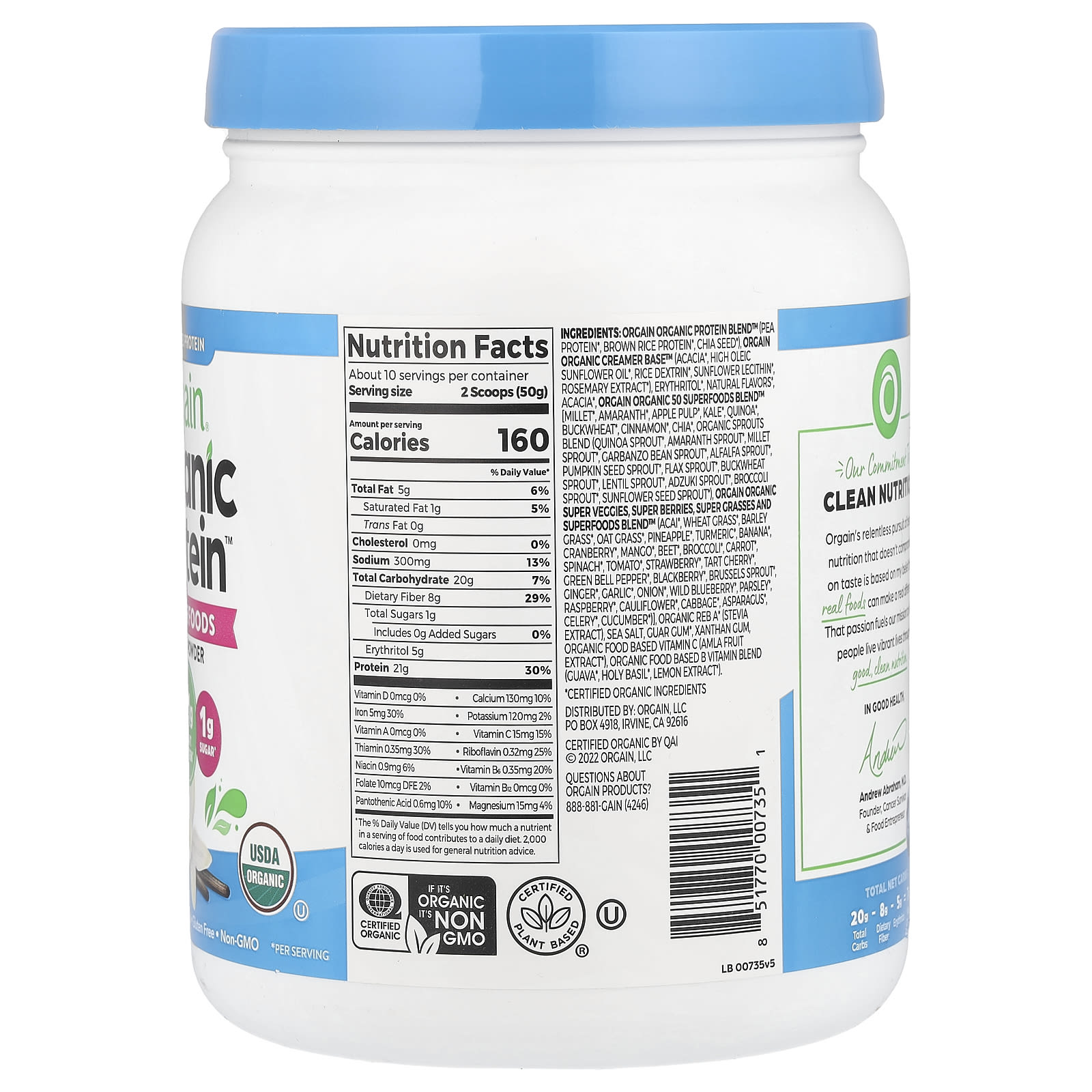 Orgain Organic Protein Powder + 50 Superfoods, Plant-Based – Vanilla Bean – 510 g — photo 2 sur 2