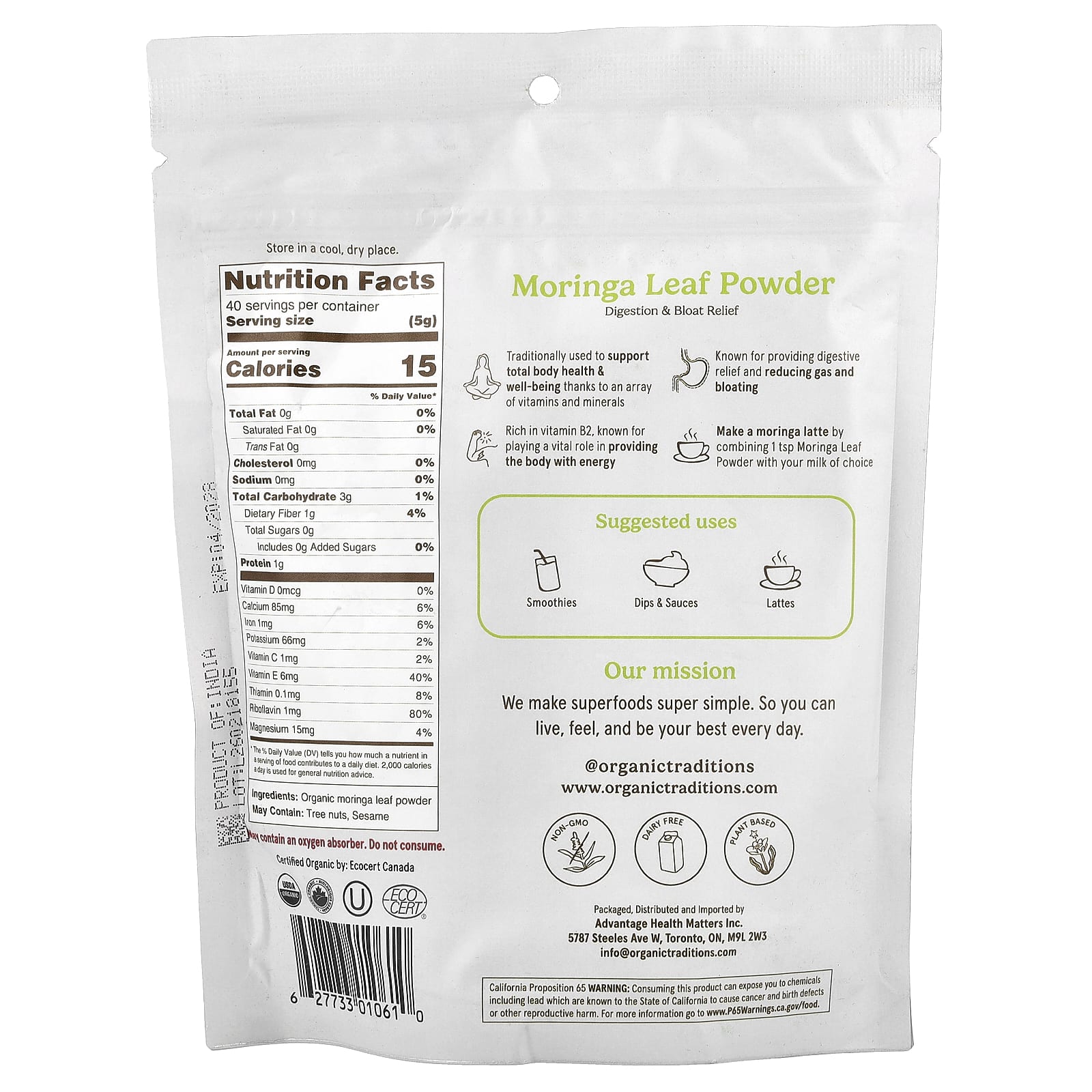 Organic Traditions Superfoods, Moringa Leaf Powder – 200 g — photo 2 sur 2