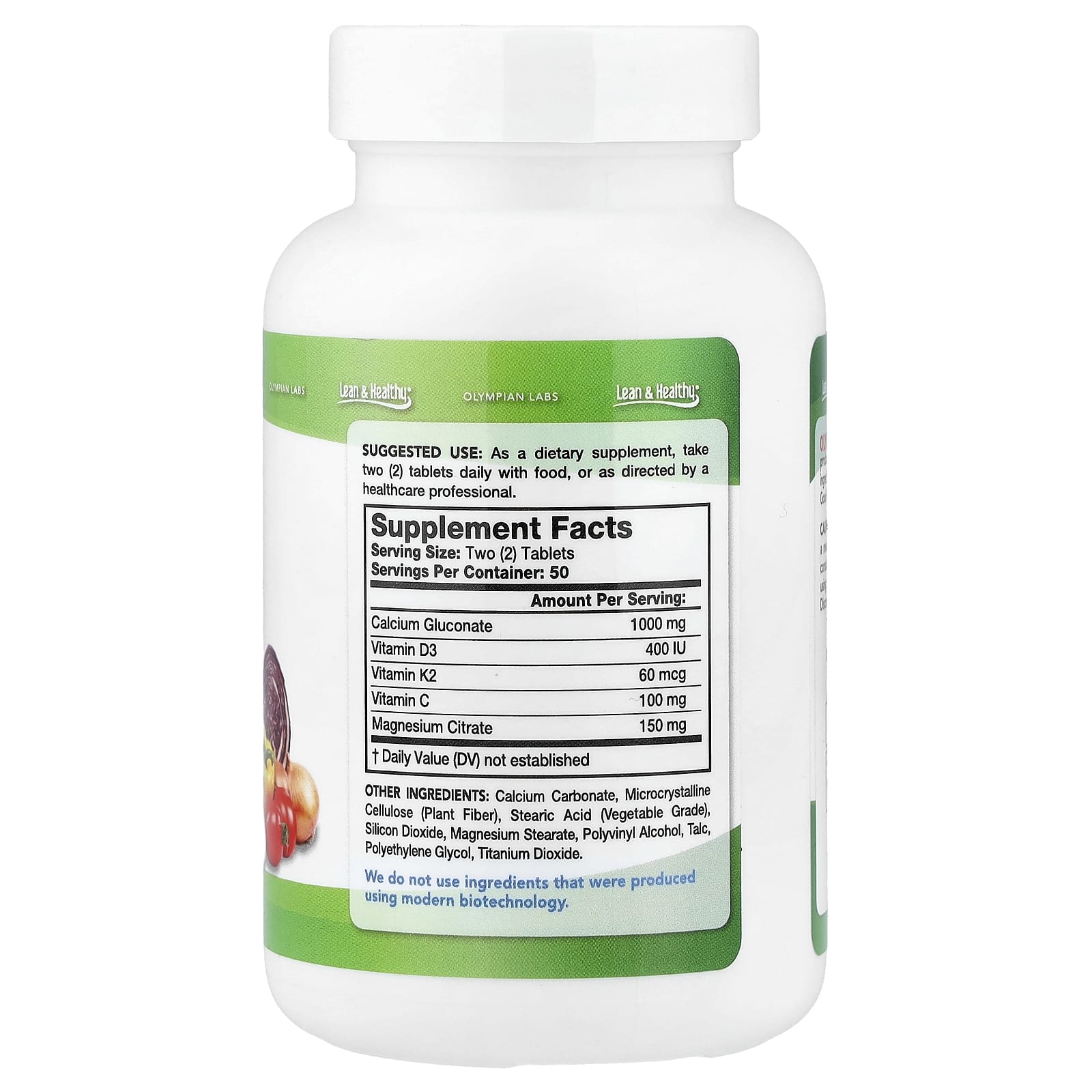 Olympian Labs Green Calcium with Vitamins K2/D3 – 100 comprimés — étiquette 1