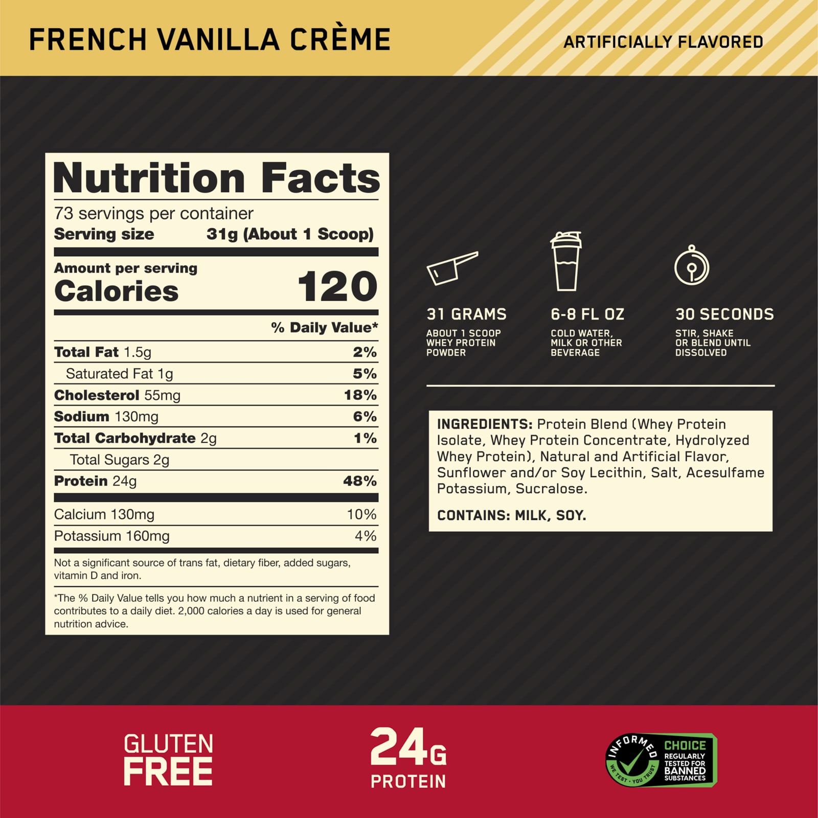 Optimum Nutrition Gold Standard 100% Whey Protein – French Vanilla Creme – 2,26 kg — étiquette 1