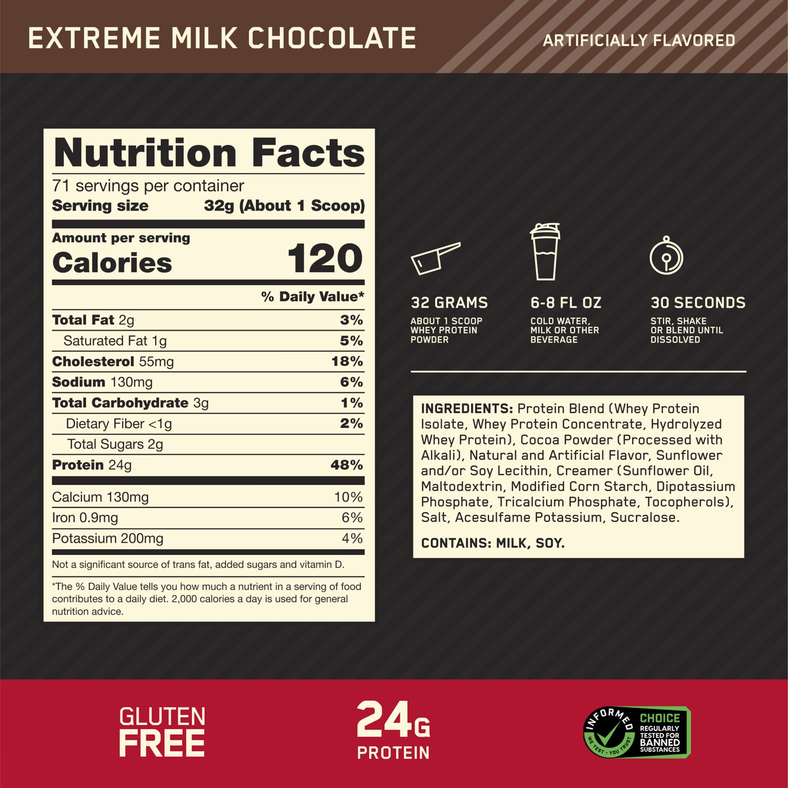 Optimum Nutrition Gold Standard 100% Whey Protein – Extreme Milk Chocolate – 2,27 kg — étiquette 1