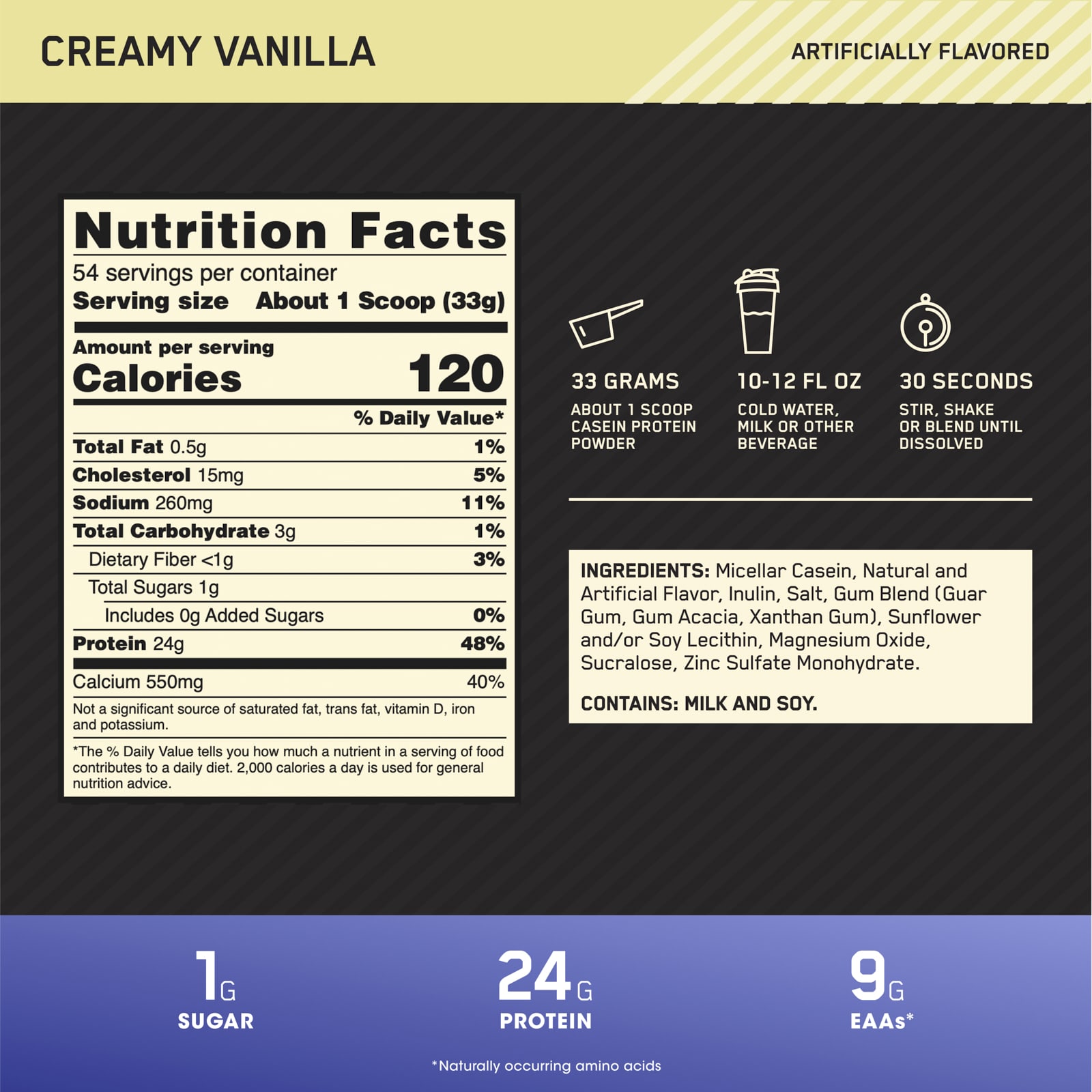 Optimum Nutrition Gold Standard 100% Casein – Creamy Vanilla – 1,75 kg — étiquette 1