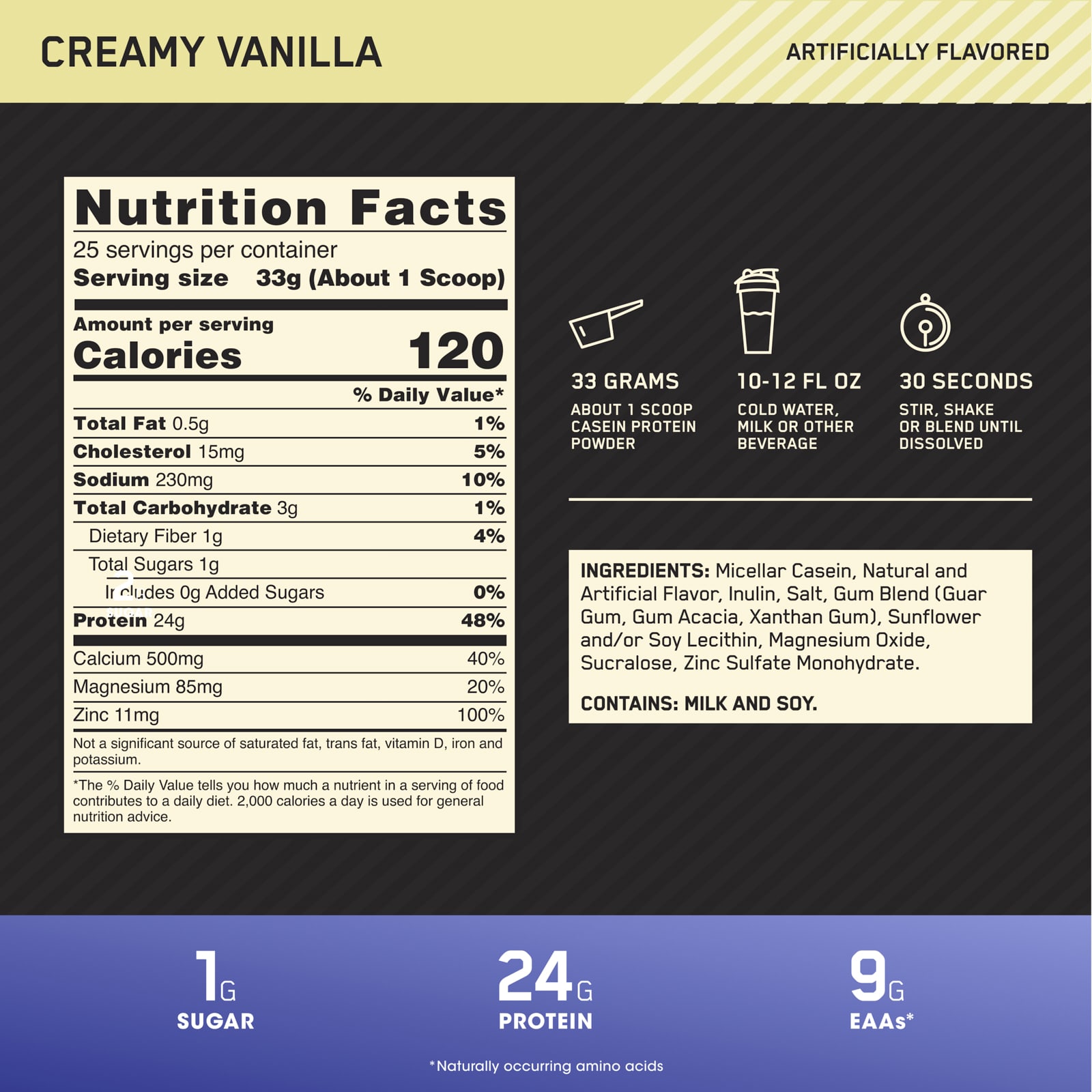 Optimum Nutrition Gold Standard 100% Casein – Creamy Vanilla – 825 g — étiquette 1