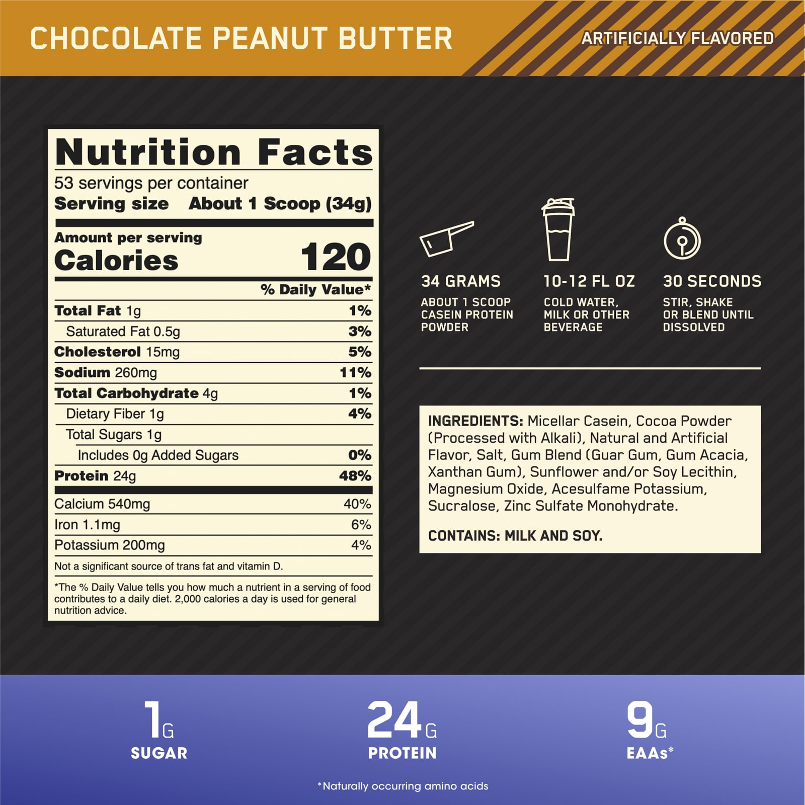 Optimum Nutrition Gold Standard 100% Casein – Chocolate Peanut Butter – 1,8 kg — étiquette 1